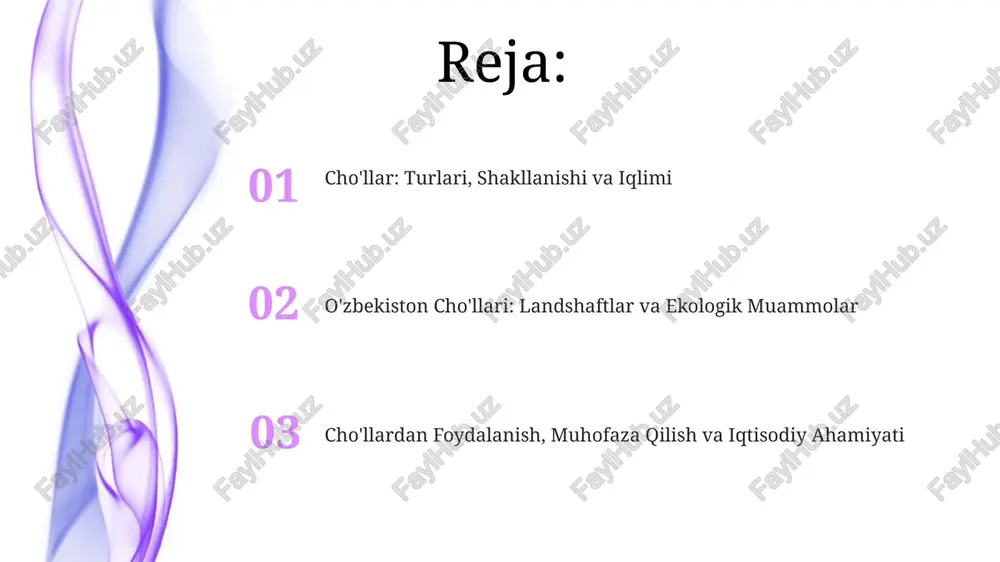 rlari (qizilqum, ustyurt va boshqalar) ustyurt platosi 200 ming km² dan ortiqroq maydonni qamrab olgan bo'lib, gipsli cho'l hisoblanadi va 190 metrgacha balandlikka ega qoyali qirralari bilan mashhur. qizilqum cho'li 298 ming km² maydonni egallaydi va asosan qumli bo'lib, uning relyefi barxanlar, qumli tepaliklar va bir nechta tekisliklardan iborat. cho'llarning ekologik muammolari choʻllarda oʻsimlik qoplamining yoʻqolishi 30-50% ga tuproq eroziyasi va choʻllanish jarayonlarini kuchaytiradi, bu esa biologik xilma-xillikka salbiy ta’sir koʻrsatadi. notoʻgʻri sugʻorish natijasida choʻl hududlarida tuproqning shoʻrlanishi 20% dan ortiq boʻlishi mumkin, bu esa qishloq xoʻjaligi unumdorligini sezilarli darajada kamaytiradi. cho'llardan foydalanish va muhofaza qilish cho'llardan foydalanishda 15% gacha yaylov sifatida foydalanish mumkin, ammo chorvachilik yuklamasini nazorat qilish, eroziyani kamaytirish uchun juda muhim ahamiyatga ega. cho'llarni muhofaza qilish uchun tuproqni stabilizatsiya qilish loyihalari, masalan, saksovul ekish, qum ko'chishining oldini olish va biologik xilma-xillikni saqlashga yordam beradi. cho'llarning iqtisodiy ahamiyati va o'zlashtirish tajribasi cho'l hududlarida qorako'l qo'ychiligi kabi chorvachilik rivojlangan. …