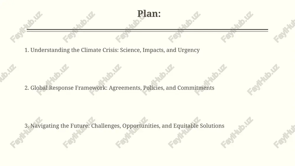 ts, hindering access to affordable, efficient technologies, particularly in developing economies. addressing loss and damage: justice and equity loss and damage disproportionately affects vulnerable nations, often contributing negligibly to global emissions; article 8 of the paris agreement addresses the need to minimize climate impacts. establishing clear financial mechanisms to compensate for irreversible loss and damage, particularly in sids (small island developing states), is crucial for climate justice and equity. navigating the future: challenges, opportunities, and policy directions future policy needs integrated carbon pricing mechanisms, like cap-and-trade or carbon taxes, scaled significantly by 2030 to drive substantial emissions reductions globally. increased investment in climate-resilient infrastructure, exceeding $300 billion annually, is critical to adapting to escalating climate impacts across vulnerable regions by 2050. thank you for your attention image2.png image3.jpg image4.jpg image5.jpg image6.jpg image7.png