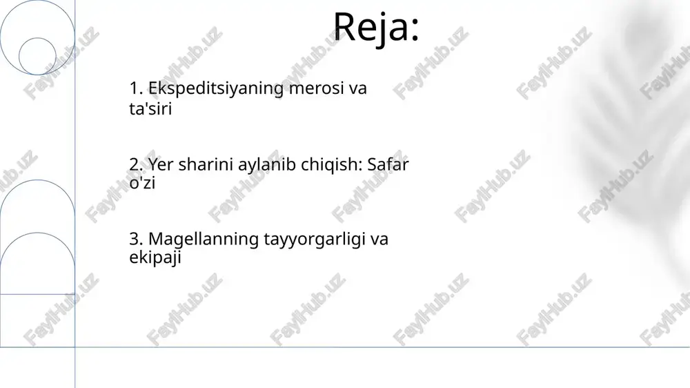 i. bu safar yerning atrofini aniqladi, yangi savdo yo'llarini ochdi va osiyoga g'arbdan dengiz yo'lining mavjudligini isbotladi. 3. magellanning yoshlik va faoliyati magellanning 1519-1522 yillardagi ekspeditsiyasi yerni aylanib chiqdi (270 kishidan atigi 18 nafari tirik qoldi), global kartografiyani tubdan o'zgartirdi va tinch okeanining ulkanligini aniqladi. birinchi aylanib chiqish yerdan sharsimon ekanligini isbotladi, kelajakdagi tadqiqotlarga va 3 qit'a bo'ylab savdo yo'llariga ta'sir ko'rsatdi ispaniyaliklar filippinni (1521) egallab olib, asrlar davom etgan mustamlakachilikni boshladilar, bu 300 orol bo'ylab mahalliy aholiga va madaniyatlarga ta'sir ko'rsatdi. sayohatdagi navigatsion yangiliklar, samoviy navigatsiya va takomillashtirilgan kartografiya kabi texnikalar yordamida global tadqiqotlarni asrlar davomida rivojlantirdi magellan merosi joy nomlarida (masalan, magellan bo'g'ozi) va geografik tushunchalarda davom etmoqda. uning sayohati yevropa davlatlari (portugaliya, angliya, niderlandiya)ni keyingi tadqiqotlarga undab, globalizatsiya va mustamlakachilik davriga hissa qo'shdi. filippinda (mactan oroli, 1521) o'limi uning ekspeditsiyasining jahon tarixiga ta'sirini kamaytirmadi. 4. meros va uzoq muddatli ahamiyat magellanning 1519 yildagi sayohati, i karl tomonidan …