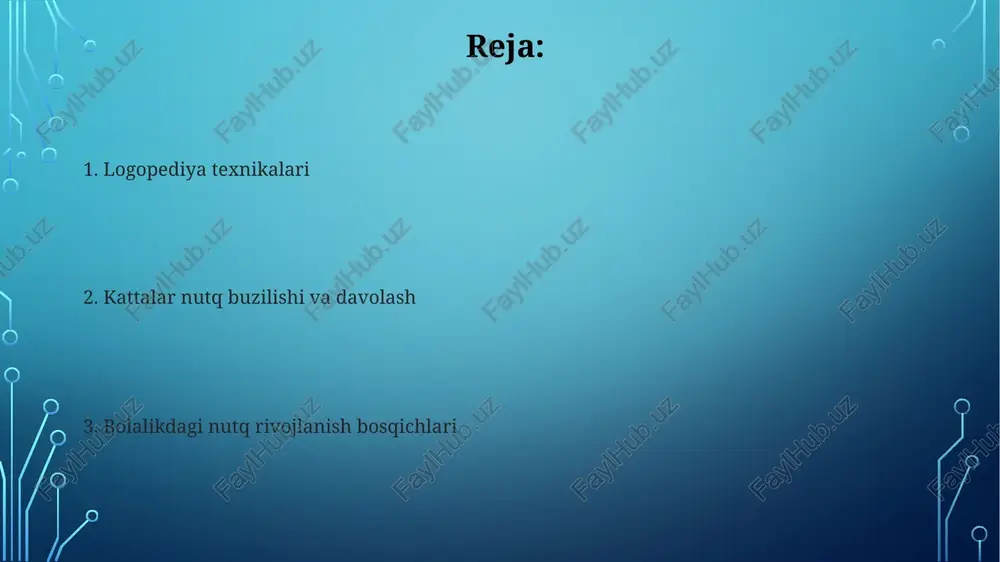 iziloʻngach va neyrogen disfagiya mayo klinikasi kabi kasalxonalarda videoflouroskopik yutish tekshiruvi (vfss) orqali aniqlanadigan keng tarqalgan turlari hisoblanadi 3 yoshga kelib, bolalar odatda 50 so'zli lug'atga ega bo'lib, oddiy gaplarni tuzishadi. kechikishlar eshitish qobiliyatining pasayishi, nevrologik kasalliklar (masalan, serebral falaj) yoki tanglay yorilishi sababli yuz berishi mumkin; maxsus maktabgacha ta'lim muassasalarida erta aralashuv muhim ahamiyatga ega logopediyada texnologiyalar artikulyatsiya terapiyasi logopediya nutqning turli buzilishlarini, jumladan, so'zlashdagi muammolarni (kekechlik), tilni (afaziya, qabul qilish/ifodalashdagi kechikishlarni), ijtimoiy muloqotni (autizm spektr buzilishi), ovoz buzilishlarini (disfoniya) o'z ichiga oladi nutq buzilishi jahon bo'ylab maktabgacha yoshdagi bolalarning taxminan 7-8 foizida kuzatiladigan nutq rivojlanishidagi kechikishlar lug'at zahirasining kamayishi (masalan, 2 yoshda <50 so'z), sodda gap tuzilmalari (masalan, faqat bitta so'z) yoki murakkab ko'rsatmalarni tushunishdagi qiyinchiliklar bilan namoyon bo'ladi nutqning bolalik apraksiyasi (cas) 1000 bolaning 1tasiga ta'sir qiladi, nutq-motorni rejalashtirishga ta'sir qiladi. davolash og'iz-motor mashqlari, melodik intonatsiya terapiyasi (mit) va vizual qo'llanmalar kabi usullarni o'z ichiga oladi. aqsh …