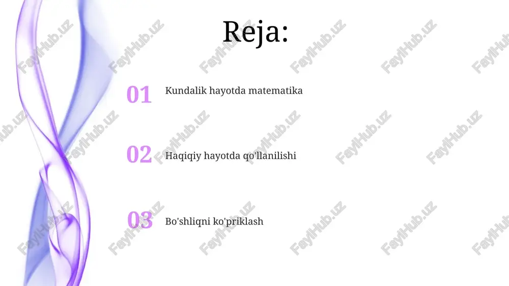 oqli simmetriyasi) va kundalik buyumlarda (masalan, velosipeddagi 2-tarmoqli simmetriya, shamol tegirmonidagi aylanma simmetriya) kuzatiladigan aylanma simmetriya (2, 3, 4 va hokazo tartibli) o'yinlardagi ehtimollik o'yinlarda (zar (1-6), karta (52), aylanuvchi disk (n bo'lim)) ehtimollik tasodifni, hodisalarning ehtimolini (masalan, o'yinda yutish, ma'lum bir kartani tortib olish) tushunish uchun muhimdir kundalik vaziyatlarga ehtimollikni qo'llash: ob-havo bashorati (brayton shahrida yomg'ir ehtimoli), transport tiqilinchini baholash (m25 avtomagistralida kechikish ehtimoli), xavflarni baholash (maktab lotereyasida yutish ehtimoli) masofa va sayohat hisoblash maktabdagi sinf xonasi (20m x 15m), kutubxona (50m shimolga), va o'yin maydonchasi (100m sharqqa) orasidagi masofani pifagor teoremasi (a² + b² = c²) yordamida hisoblash. o'quvchilar o'lchab, hisoblab va maktab masofalarini xaritaga tushirishadi. ekskursiya rejalashtirish: muzey (15km), bog' (5km), xaritalar, masshtablar (1:10,000) va koordinata sistemalaridan foydalanib masofalarni, sayohat vaqtini va optimal yo'nalishlarni hisoblash. talabalar 20km masofaga yoqilg'i sarfini hisoblashadi. tabiat va san'atdagi naqshlar oltin nisbat (taxminan 1.618) klassik arxitekturada (masalan, afinaning partenoni), rasmda (masalan, leonardo …