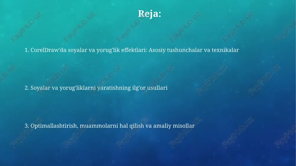 ini ta'kidlaydi. aralashtirish rejimlari aralashtirish rejimlari coreldrawda ikki obyektning rangini bir-biriga nisbatan qanday ta'sir qilishini aniqlaydi, masalan, multiply rejimi ranglarni ko'paytiradi va qorong'ilashtiradi. screen aralashtirish rejimi ranglarni teskari ko'paytiradi va yoritadi, natijada 255-dan kichik bo'lmagan ranglar yorqinroq bo'ladi, agar ranglar qiymati 128 bo'lsa, o'zgarish yo'q. shaffoflik shaffoflik coreldrawda ob'ekt ranglarining 0 dan 100% gacha o'zgarishini boshqarish imkonini beradi, bunda 0% to'liq shaffof, 100% esa to'liq neprozrachno bo'ladi. coreldrawda shaffoflikning turli xil usullari mavjud, masalan, bir xil shaffoflik, gradientli shaffoflik va naqshli shaffoflik, ularning har biri vizual effektlarni yaratish uchun turli xil sozlamalarga ega. soya ranglari va zichligi soya rangining zichligi 0 dan 100 gacha bo'lgan diapazonda o'lchanadi, 0 butunlay shaffof va 100 butunlay shaffof emas, rang esa rgb yoki cmyk qiymatlari bilan belgilanadi. coreldraw'da soyalar rangi asosiy ob'ekt rangiga bog'liq bo'lishi mumkin; masalan, to'q qizil ob'ekt uchun 80% zichlikdagi to'qroq qizil soya optimal ko'rinishi mumkin. yorug'lik manbalari coreldraw'da yorug'lik manbalari …