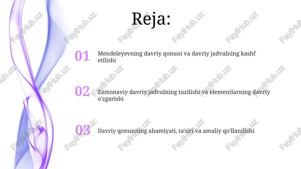 rtikal ustunlardir. elementlarning davriy o'zgarishi: xossalari va tendensiyalari ionlanish energiyasi davr bo'ylab ortib boradi, chunki atomlar o'zlarining valent elektronlarini tortish kuchi kuchayishi sababli yo'qotishga moyil emas. bu elementlarning reaktivligiga sezilarli ta'sir ko'rsatadi. davr bo'ylab atom radiusi, odatda, ortadi, chunki yadrodagi protonlar soni ko'payadi, bu esa elektronlarni tortishni kuchaytirib, atomni kichraytiradi. 1 dan 18 gacha bo'lgan guruhlarda bu tendentsiya kuzatiladi. davriy jadvalning amaliy ahamiyati va rivojlanish istiqbollari davriy jadval materialshunoslikda yangi materiallar, masalan, yuqori o'tkazuvchanlikka ega supero'tkazgichlar yoki 2d materiallar sintezini tezlashtirishda muhim ahamiyatga ega. farmatsevtika sanoatida davriy jadval yordamida yangi dori vositalarining molekulyar tuzilmalarini loyihalash va 90% gacha bo'lgan muvaffaqiyat ko'rsatkichlariga erishish imkonini beradi. e'tiboringiz uchun rahmat image4.jpg image5.jpg image6.jpg image7.jpg image8.jpg image9.jpg image1.jpeg image2.jpeg image3.jpeg