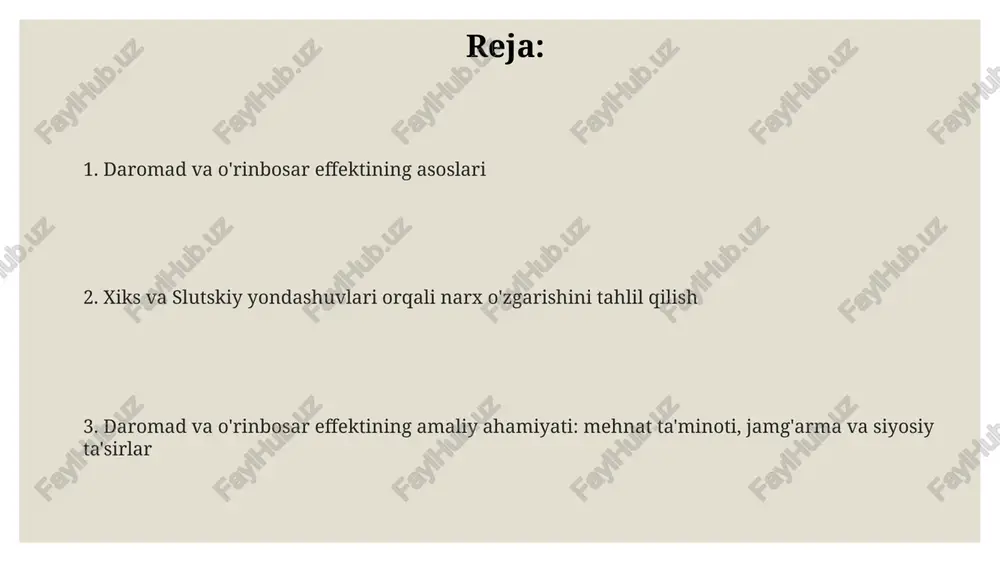 hi mumkin, ayniqsa, agar ular oddiy tovarlar bo'lsa. bu daromad effektining asosiy mohiyati. daromad effekti: ta'rifi va turlari daromad effekti – bu narx o'zgarishi natijasida iste'molchining xarid qobiliyatidagi o'zgarishlar tufayli tovar iste'molining o'zgarishi. bu real daromadning o'zgarishini aks ettiradi. oddiy tovarlar uchun daromad effekti ijobiy, ya'ni daromad oshishi bilan iste'mol ko'payadi. sifatsiz tovarlar uchun esa daromad effekti manfiy, daromad oshishi bilan iste'mol kamayadi. giffen tovarlari – bu narxi oshganida iste'moli ko'payadigan sifatsiz tovarlarning alohida holati. bunday hollarda, manfiy daromad effekti o'rinbosar effektidan ustun keladi. o'rinbosar effekti: ta'rifi va turlari o'rinbosar effektining turlari orasida «oddiy» o'rinbosar effekti mavjud, bunda narx pasaygan tovarga talab oshadi. lekin, o'rnini bosuvchi tovarlar orasidagi kuchlilik darajasi turlicha bo'lishi mumkin. o'rinbosar effekti - bu narxning o'zgarishi natijasida iste'molchining nisbatan arzonroq tovarlarga o'tishi, real daromad doimiy bo'lganda sodir bo'ladi. misol uchun, 10% lik narx pasayishi sabab bo'lishi mumkin. gross o'rinbosar effekti tovarga talabning o'zgarishini aks ettiradi, boshqa tovar …