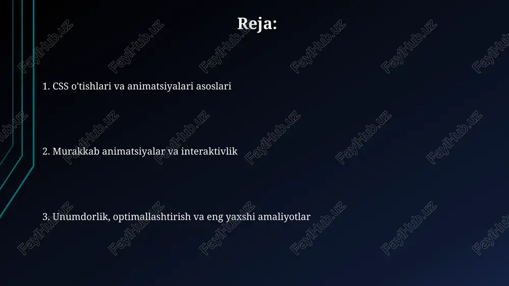 cha) foydalanadi, bu animatsiya boshida va oxirida tezlikni moslashtirishga imkon beradi. steps(n, direction) vaqt funksiyasi animatsiyani n ta teng qadamga bo'ladi, bu esa animatsiyani uzluksiz o'zgarish o'rniga qadam-qadam ko'rinishga olib keladi. animatsiyani takrorlash va yo'nalishni boshqarish animation-iteration-count xususiyati animatsiyaning necha marta takrorlanishini belgilaydi, soni cheksiz (infinite) bo'lishi mumkin yoki 2, 3 kabi musbat sonlarni ko'rsatish mumkin. animation-direction animatsiya har bir takrorlanishda qanday yo'nalishda harakatlanishini nazorat qiladi, masalan, normal, reverse, alternate (oldinga va orqaga) va alternate-reverse. animatsiya kechikishi (delay) va uning roli animatsiya kechikishi (animation-delay) animatsiyaning boshlanishini belgilangan soniya (s) yoki millisekund (ms) ga kechiktiradi, bu ketma-ket animatsiyalarni yaratishda 0.5s kabi muhim rol o'ynaydi. animation-delay salbiy qiymatlarni ham qabul qilishi mumkin. masalan, -1s animatsiyani bir soniya boshlangan holda boshlaydi, bu esa uning birinchi holatni o'tkazib yuborishiga olib keladi. murakkab css animatsiyalarini yaratish murakkab animatsiyalarni yaratish uchun animation-delay xususiyatidan foydalaning. bir nechta elementlarni ketma-ket jonlantiring, masalan, birinchi element 0.5 soniyadan keyin, ikkinchisi …