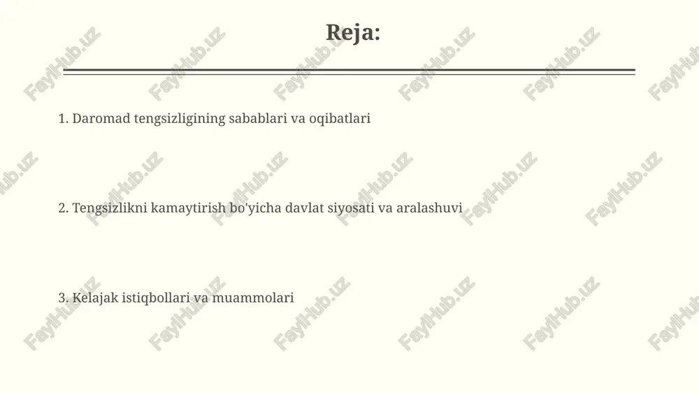 essiv soliq tizimi yuqori daromadlilardan nisbatan yuqori foizni oladi, bu daromad tengsizligini kamaytirishga yordam beradi va ijtimoiy ta'minotni moliyalashtiradi. ijtimoiy ta'minot dasturlari, masalan, ishsizlik nafaqalari va uy-joy subsidiyalari, daromadni qayta taqsimlaydi, ayniqsa zaif guruhlarga yordam beradi va qashshoqlikni kamaytiradi. tengsizlikni kamaytirish bo'yicha muvaffaqiyatli strategiyalar va xalqaro hamkorlik skandinaviya davlatlari progressiv soliq tizimi va kuchli ijtimoiy ta'minot dasturlari orqali gini koeffitsientini 0.25-0.35 oralig'ida ushlab turishga muvaffaq bo'ldi. oecd davlatlari korporativ soliqqa qarshi kurash, soliq imtiyozlarini kamaytirish orqali 10 yil ichida davlat budjetiga qo'shimcha 50 milliard dollar jalb qilishga erishdi. kelajak istiqbollari, bahslar va muammolar texnologik o'zgarishlar, ayniqsa avtomatlashtirish, 2030-yilga borib malakasiz ishchi kuchiga talabni kamaytirib, tengsizlikni yanada kuchaytirishi mumkinligi bahsga sabab bo'lmoqda. global iqlim o'zgarishi va tabiiy resurslarning kamayishi kelajakda resurslar uchun kurashni kuchaytirishi va iqtisodiy tengsizlikning yangi shakllarini yaratishi mumkin. e'tiboringiz uchun rahmat image2.png image3.jpg image4.jpg image5.png image6.jpg image7.png image8.jpg
