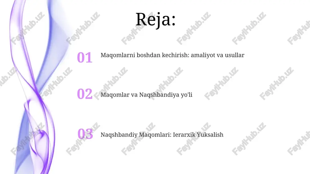 da zikr texnikalari farq qiladi, bu markaziy osiyo, turkiya va hindistondagi amaliyotlarga ta'sir qiladi. naqshbandiya ta'limoti: muhabbat va rahm-shafqat naqshbandiya maqomlari tizimi tavba (taubat)dan istiğfor (kechiruv so'rash)gacha bo'lgan, haqiqat (haqiqat) bilan yakunlanadigan safarni batafsil bayon etadi naqshbandiya tariqati maqomlaridagi sufi amaliyotlari qattiq ruhiy mashqlarni o'z ichiga oladi; kunlik 40 dhikr, khalvat (yolg'izlik) va xirqa (xalat) marosimlari kabi maxsus pozitsiyalar ruhiy taraqqiyotni anglatadi naqshbandiya ta'limoti dhikr (allohni zikr qilish) orqali maqomatlar (ruhiy bosqichlar)da, tavba (taubat)dan istiğfor (kechirim so'rash)ga o'tib, oxir-oqibat haqiqatga (haqiqat) erishish maqsadida fano (o'zining yo'q bo'lishini) va baqoni (allohda qolishni) ta'kidlaydi naqshbandiy sufiyning fazilatlari naqshbandiy tariqati maqomlarida (ruhiy taraqqiyot bosqichlari) 7 asosiy amaliyotni bajaradi: zikr, taqlid, tavakkul, varaʼ, tasavvuf, faqr va kashf. bu amaliyotlar koʻpincha besh vaqt namoz va buxoro, samarqand, damashq kabi joylarda xonaxo (chekinish) bilan birga olib boriladi. maxsus maqomlar 40 kunlik chekinishlarni o'z ichiga olgan qattiq o'zini tarbiyalashni nazarda tutadi, naqshbandiya qalb-zikri (allohning ismini jim takrorlash) …