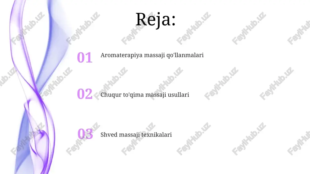 iradi va egiluvchanlikni yaxshilaydi. effleuraj, petrissaj, ishqalanish (masalan, to'qima bo'ylab) kabi usullar qo'llaniladi (o'mrov guruhi (biceps femoris, semitendinosus, semimembranosus) va to'rtbosh mushaklar (rectus femoris, vastus lateralis, vastus medialis, vastus intermedius)ga) massaj turlari: shved massaji (uzun silash, yoğurish, ishqalash—20% bosim, 80% bo'shashish) mashhur. chuqur to'qima massaji chuqurroq qatlamlarga qaratiladi (40% bosim) surunkali og'riqni yo'qotadi refleksoterapiya chuqur to'qima massaji shved massaji keng tarqalgan tur boʻlib, uzun, sirpanchiq harakatlar, yoğurish va aylana harakatlardan iborat. dtmga qaraganda yumshoqroq, sirtqi mushaklarga taʼsir qiladi va qon aylanishini, boʻshashishni yaxshilaydi hamda stressni kamaytiradi sport massaji – turli texnikalarni qo'llab, sportchilarning ehtiyojlariga moslashtirilgan dinamik usul bo'lib, mushak nomutanosibliklarini bartaraf etadi, natijani yaxshilaydi va tiklanishga yordam beradi. sport zallari, sport tayyorgarligi markazlari va fizioterapiya klinikalarida cho'zish, siqish va miofasial reliz kabi texnikalar qo'llaniladi shved massaji sport massaji, mushak og'rig'ini kamaytiradi va egiluvchanlikni yaxshilaydi. xalqaro miqyosda sportchilar va jamoalar bilan ishlaydi. chuqur to'qima massaji chuqurroq mushak qatlamlarini nishonlaydi, surunkali og'riq …