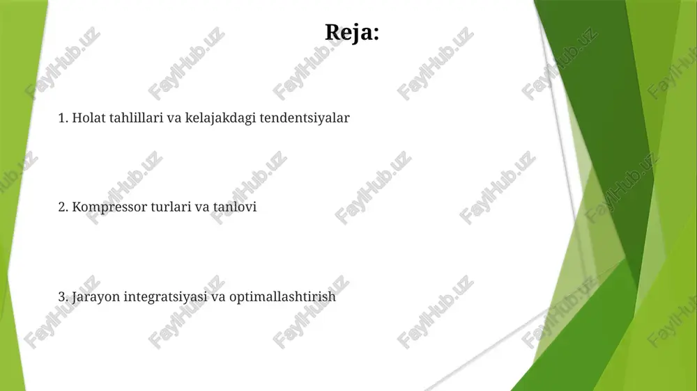 iyaning ruhr viloyati zavodlarida aşınishni aniqlash va nosozliklarni oldini olish uchun muhim energiya samaradorligi (kvt/m³) iqtisodiy va ekologik sabablarga ko'ra muhim; o'zgaruvchan tezlikli drayvlar (otd) kompressor samaradorligini oshiradi va energiya xarajatlarini kamaytiradi (masalan, singapur zavodida 10% kamayish) noorganik modda ishlab chiqarish uchun kompressor tanlash (portonli, sentrifugal, vintli) bosim (masalan, 5-100 bar), oqim tezligi (masalan, 100-1000 m³/soat) va gaz xususiyatlari (masalan, gabber-bosh jarayonida 200°c da ammiak sintezi) kabi omillarga bog'liq noorganik jarayonlarda rotatsion vintli kompressorlar rotatsionli vintli kompressorlar (masalan, germaniyadagi yiliga 200 000 tonna oltingugurt kislotasi ishlab chiqaradigan zavodlarda) noorganik kimyo sanoatida keng qo'llaniladi, reaksiya jarayonlari va mahsulot tozalash uchun 15 bargacha bosimda havo, azot va xlor kabi gazlarning katta hajmini (5000 m³/soat) qaytaradi noorganik pigment ishlab chiqarish (masalan, xitoydagi titanium dioksid zavodlari, yiliga millionlab tonna ishlab chiqaradi) kukunlarni (masalan, kremniy dioksid, alyuminiy oksid) pnevmatik tashish va suyuqlashtirilgan to'shak reaktori uchun gazni kuchaytirish uchun 2 bosqichli burmaluvchi kompressorlardan (100-500 kvt) foydalanadi …