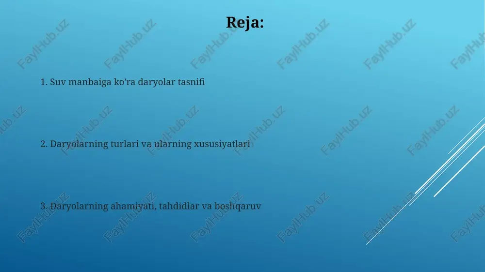 iyasidan suv oladi, odatda, yomg'ir, qor erishi va yer osti suvlari oqimining 30% dan 40% gachasini tashkil qiladi. ushbu daryolar suv hajmining mavsumiy o'zgarishini ko'rsatadi, bahorda qor erishi hisobiga suv sathi 50% ga ko'tarilishi va yozda esa yomg'irga bog'liqligi kuzatiladi. daryolarning ekologik va iqtisodiy ahamiyati daryolar biologik xilma-xillik uchun muhim ahamiyatga ega, minglab baliq turlari va suv o'simliklari uchun yashash joyi bo'lib, ekotizimning barqarorligini ta'minlaydi. daryolar qishloq xo'jaligi uchun sug'orish manbai bo'lib xizmat qiladi, dunyo bo'ylab 70% gacha suvni ta'minlaydi va oziq-ovqat xavfsizligiga sezilarli hissa qo'shadi. iqlim o'zgarishining ta'siri va daryolarni boshqarish strategiyalari iqlim o'zgarishi muzliklarning erishini tezlashtiradi, bu esa dastlab daryo oqimini oshiradi, lekin keyin muzlik bilan ta'minlanadigan daryolarda 30-60% ga kamayishiga olib keladi. daryolarni boshqarish strategiyalari, masalan, tabiiy to'fon tekisliklarini tiklash va 100 yillik to'fon zonalarini cheklash, suv toshqini xavfini kamaytirishga va suv sifatini yaxshilashga yordam beradi. e'tiboringiz uchun rahmat image1.jpg image2.jpg image3.jpg image4.jpg image5.jpg image6.jpg image7.jpg