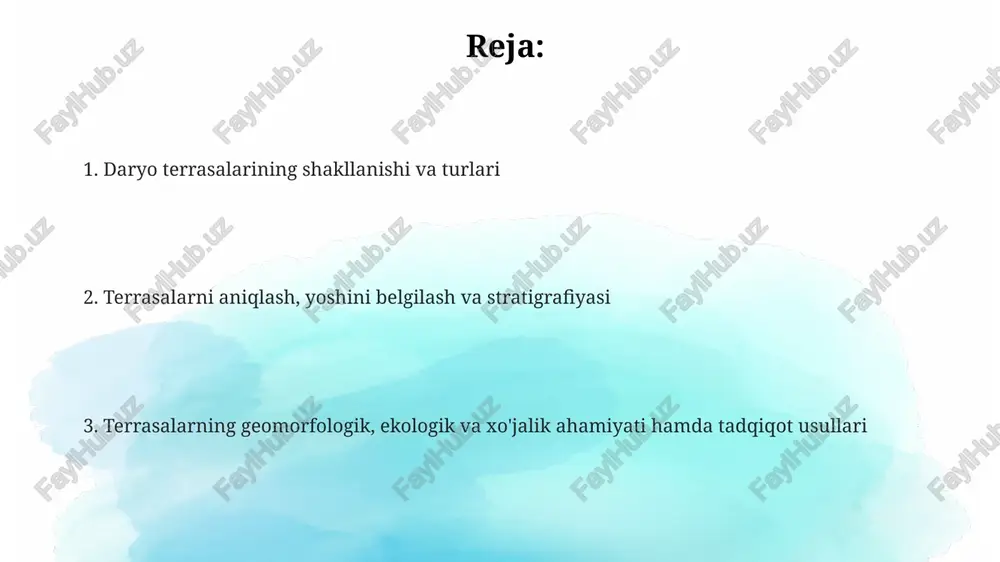 adi, bu terrasalarning nisbiy yoshini aniqlashga yordam beradi va geologik vaqt jadvalini yaratadi. terrasalarning shakllanishiga ta'sir etuvchi omillar tektonik harakatlar terrasalar shakllanishiga katta ta'sir ko'rsatadi, masalan, 100 metrga ko'tarilgan mintaqalar daryo o'zanining chuqurlashuviga va yangi terrasalar paydo bo'lishiga sabab bo'ladi. iqlim o'zgarishi, xususan muzlik davrlari, daryo suvining hajmini sezilarli darajada oshiradi, natijada 2-3 metrlik terrasalar hosil bo'lishi mumkin, bu esa eroziyani kuchaytiradi. daryo oqimining o'zgarishi terrasalar shakllanishida muhim rol o'ynaydi; suv toshqinlari paytida 5000 m³/s suv oqimi terrasalar ustida yangi cho'kindi qatlamlarini hosil qiladi. terrasalarning ahamiyati va ulardan foydalanish terrasalarning geomorfologik ahamiyati daryo oqimining evolyutsiyasi va tektonik harakatlar tarixini aniqlashga yordam beradi, ularning balandligi va yoshini o'rganish orqali 5000-10000 yillik davrlar haqida ma'lumot olish mumkin. daryo terrasalarining xo'jalikda foydalanish ahamiyati juda katta, xususan, 1-2-darajali terrasalar qishloq xo'jaligida unumdor tuproqlari tufayli ekin maydonlari uchun keng qo'llaniladi. ekologik ahamiyati shundaki, terrasalar biologik xilma-xillikni saqlashda muhim rol o'ynaydi, masalan, 3-4-darajali terrasalar noyob o'simlik …