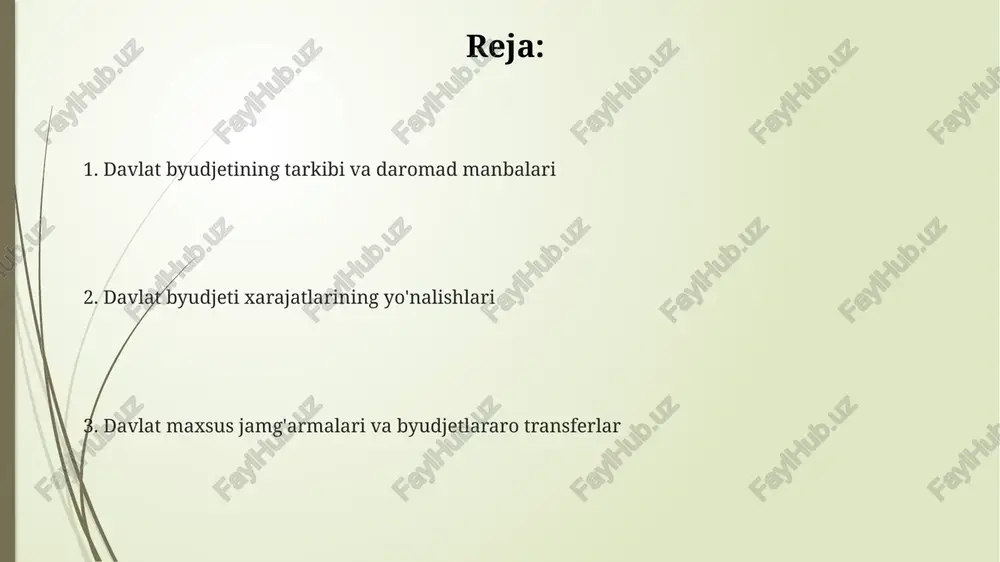 hi mumkin. soliq tushumlari davlat byudjetining asosiy qismini tashkil etadi, masalan, qo'shilgan qiymat solig'i (qqs) va daromad solig'i kabi majburiy to'lovlar 50% dan ortig'ini tashkil qilishi mumkin. soliq bo'lmagan tushumlar davlat mulkidan olinadigan daromadlar, ma'muriy jarimalar va davlat xizmatlari uchun to'lovlarni o'z ichiga oladi, ular byudjet daromadining 10-20% ini tashkil etishi mumkin. byudjet xarajatlari: asosiy yo'nalishlar byudjet xarajatlarining asosiy yo'nalishlaridan biri ijtimoiy sohani moliyalashtirishdir, bu ta'lim, sog'liqni saqlash va ijtimoiy ta'minot dasturlarini o'z ichiga oladi va aholining farovonligini oshirishga qaratilgan. iqtisodiyotni rivojlantirish xarajatlari, jumladan, infratuzilmani yaxshilash, sanoatni qo'llab-quvvatlash va qishloq xo'jaligini modernizatsiya qilish, byudjet xarajatlarining muhim yo'nalishi hisoblanadi. mudofaa xarajatlari milliy xavfsizlikni ta'minlash, armiyani ta'minlash va harbiy texnologiyalarni rivojlantirishga yo'naltirilgan bo'lib, davlat byudjetining salmoqli qismini tashkil qilishi mumkin. ijtimoiy soha xarajatlari madaniyat va sport sohalariga ajratilgan mablag'lar ijtimoiy xarajatlar tarkibida muhim o'rin tutadi, bu xarajatlar milliy merosni saqlash va aholi salomatligini yaxshilashga qaratilgan. ijtimoiy soha xarajatlari ta'lim, sog'liqni saqlash va …