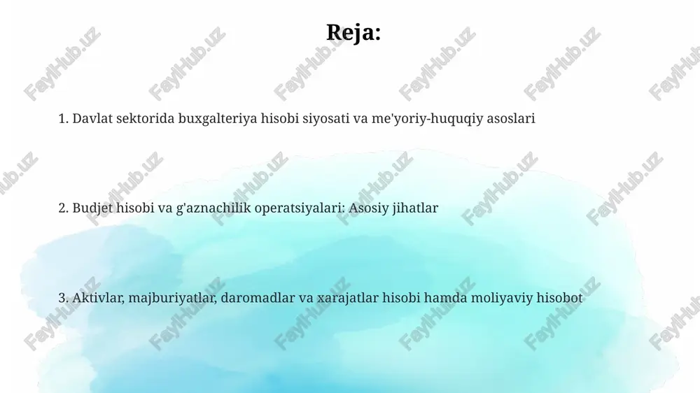 harakatini nazorat qiladi, buxgalteriya hisobini yuritadi va byudjet tashkilotlariga xizmat ko'rsatadi. bu mablag'lardan oqilona foydalanishni ta'minlaydi. g'aznachilik hisobi byudjet ijrosi jarayonida barcha operatsiyalarni aks ettiradi, 10102 hisobvarag'i kabi maxsus hisobvaraqlar orqali byudjet mablag'larining harakatini hujjatlashtiradi. davlat aktivlarini hisobga olish tartibi davlat aktivlarini hisobga olishda muhim jihatlardan biri bu aktivlarning boshlang'ich qiymatini aniqlash bo'lib, u xarid qilish narxi, transport xarajatlari va o'rnatish xarajatlarini o'z ichiga oladi. davlat sektorida aktivlarning amortizatsiyasi to'g'ri chiziqli usulda amalga oshiriladi, bunda aktivning foydali xizmat muddati davomida uning qiymati teng ravishda hisobdan chiqariladi. davlat aktivlari inventarizatsiyasi kamida bir yilda bir marta o'tkaziladi, bu aktivlarning mavjudligi va holatini tekshirish, shuningdek, buxgalteriya hisobi ma'lumotlari bilan solishtirish imkonini beradi. davlat majburiyatlarini hisobga olish xususiyatlari g‘aznachilik hisobi doirasida davlat majburiyatlarini hisobga olishda 2210-“budjetdan ajratilgan mablag‘lar bo‘yicha kreditorlik qarzlar” hisobvarag‘i muhim rol o‘ynaydi, bu davlatning qarzdorlik holatini aks ettiradi. davlat majburiyatlari hisobi 101-“majburiyatlar” nomli buxgalteriya hisobi standartiga muvofiq yuritiladi, unda qarzlar tasnifi …