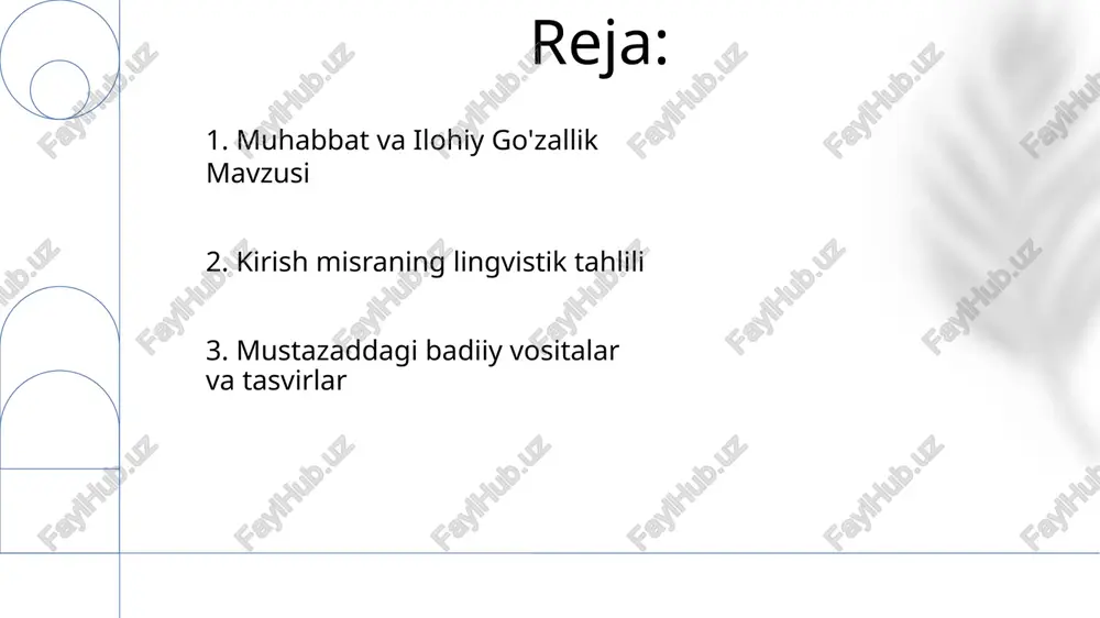 kllarga egalikni namoyon etadi. navoiyning "mustazod"i ("ey husnungga zarroti jahon ichra tavallo...") dunyoviy go'zallikning o'tkinkirligini (15-asr hirot, temuriylar davri) abadiy ma'naviy muhabbat bilan qiyoslab, so'fiylik g'oyalarini aks ettiradi. 3. muhabbat va go'zallikning mavzuviy tadqiqi navoiyning "mustazad"ning dastlabki bayti, "ey husnungga zarroti jahon ichra tavallo...", jahon miqyosida (jahon) haddan tashqari go'zallikni tasvirlash uchun mubolag'a uslubidan foydalanadi. 14-asr timo'riy kontekstida, tasvirlardagi ulug'vorlik heratni nazarda tutgan holda, baytda tajnis (so'z o'yini) va istiora (metafora) kabi fors klassik she'riyat vositalaridan foydalanilgan. 15-asr o'rta osiyosi sufi mistik an'analariga xos ilohiy go'zallikka, ehtimol allegorik, urg'u berilgan tahlil adabiy uslub va mavzu tanloviga sezilarli ta'sir ko'rsatib, asarning umumiy ma'nosini o'zgartirgan. 4. kirish baytining kontekstual tahlili navoiyning tilshunoslik mahoratini ko'rsatuvchi fors va chag'atoy lug'atlarining mohir qo'llanilishi tahlil qilindi. 8/11 bo'g'inli metrik o'zgarishlar va (aaba bbcb va hokazo) she'riy tuzilmalari klassik shakllar ustidan mohir nazoratni namoyon qiladi "husn" (go'zallik) faqat tashqi qiyofani emas, balki ilohiy go'zallik, bilim va ruhiy …