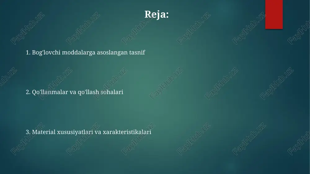 angan polimerlar (tmp), masalan, uglerod tolali epoksi, yuqori mustahkamlikka ega va aviatsiya, sport buyumlarida qo'llaniladi keramik materiallar (al₂o₃, sio₂, sic, wc, si₃n₄, bn oksidlari, karbidlari va nitridlari) yuqori qattiqlik, mustahkamlik va issiqlikka chidamlilik (1000-2000°c) xususiyatlariga ega. polimerlarning moslashuvchanligi, past zichligi va elektr izolyatsiyasi kabi xossalari ularning tuzilishi (chiziqli, tarmoqlangan, o'zaro bog'langan) va molekulyar massasiga bog'liq kovalent nometallik materiallar xossalari kovalent nom metallar (masalan, olmos, sio2) yuqori qattiqlikka (olmos: mohs shkalasi bo'yicha 10), yuqori erish/qaynash haroratlariga (masalan, sio2: 1713°c), past elektr o'tkazuvchanlikka (qarshilik >10¹⁰ ωm) ega va ko'pincha izolyatorlar hisoblanadi; qo'llanilishi: abrazivlar (olmos), yarim o'tkazgichlar (kremniy) va optik tolalar (sio2). moddalar xossalari tuzilishi va bog'lanishiga qarab sezilarli darajada farq qiladi. tarmoqsimon tuzilmalar odatda molekulyar tuzilmalarga qaraganda yuqori erish haroratiga va qattiqligiga ega bog'lovchi moddalarga asoslangan tasnif: tarmoq kovalent (masalan, olmos, grafit, sic), molekulyar kovalent (masalan, i2, p4, h2o) bog'lovchi moddalarga asoslangan tasnif polimerlar (plastik, kauçuklar): bogʻlovchi uzun zanjirli organik molekulalar; xususiyatlari …