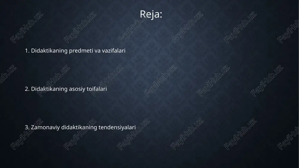 o'quvchilarga 2 yo'nalishda bilim berishga xizmat qiladi. ta'lim jarayoni: didaktikaning predmet sohasi ta’lim jarayoni didaktikaning predmeti sifatida, o’qituvchi va o’quvchining 2 tomonlama hamkorligi orqali bilim, ko’nikma, malaka hamda dunyoqarashni shakllantirishga yo’naltirilgan. ta'lim jarayoni 3 asosiy komponentdan iborat: o'qitish (berish), o'rganish (qabul qilish), hamda nazorat va baholash; bu elementlar o'quv maqsadlariga erishish uchun o'zaro bog'liqdir. ta’lim jarayonida didaktika o’quv materialini 5 xil darajada tashkil etadi: mazmun, uslublar, shakllar, vositalar va baholash mezonlari, ularning integratsiyasi o'quvchilarning faol ishtirokini ta'minlaydi. o'qitish usullari va shakllari o'qitish shakllariga misol tariqasida dars, seminar va amaliy mashg'ulotlar kiradi. har bir shakl o'ziga xos maqsadga va o'qitish uslubiga ega. o'qitish usullari ikki turga bo'linadi: passiv (ma'ruza) va faol (muammoli o'qitish). faol usullar o'quvchilarning bilim olish jarayonida ishtirokini oshiradi. zamonaviy o'qitishda it texnologiyalari asosida yaratilgan o'qitish usullari keng qo'llanilmoqda, masalan, onlayn darslar va interaktiv simulyatsiyalar. ta'limning asosiy prinsiplari onglilik va faollik prinsipi talabalarning o'quv jarayonida 65% faol ishtirok etishini, …