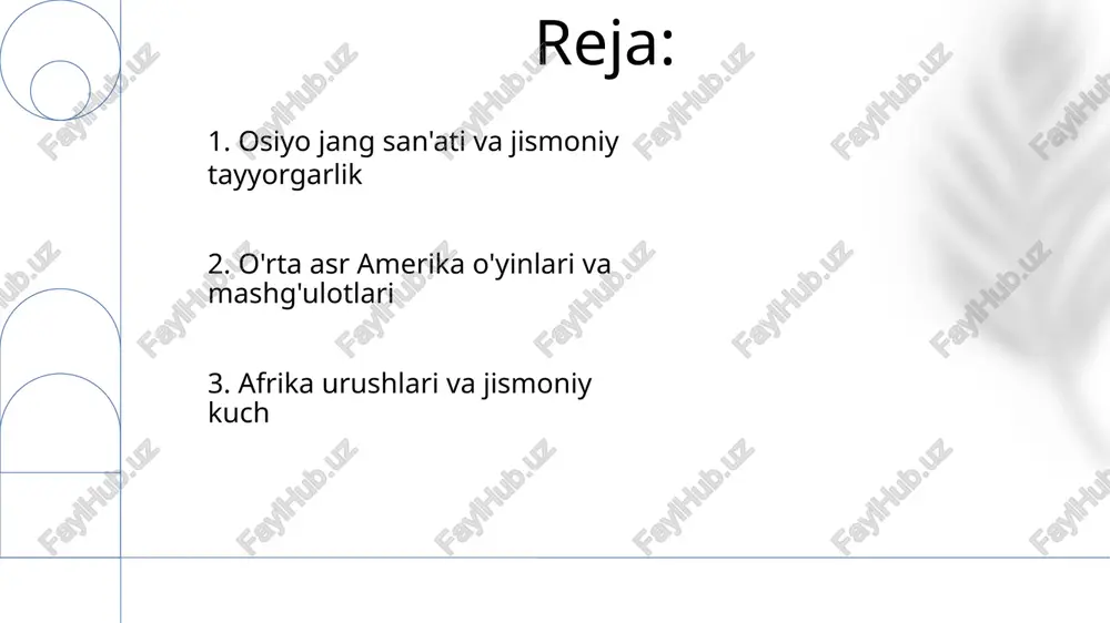 , okinavadagi/yaponiyadagi karate, koreyadagi taekvondo) o'rta asrlarda (taxminan 5-15-asrlar) rivojlangan bo'lib, bu hududlardagi harbiy tayyorgarlik va jismoniy tarbiyaga ta'sir ko'rsatgan; katana (yaponiya), nunchaku (okinawa) va turli xil xitoy qilichlari mashg'ulotlarni shakllantirgan. 3. osiyo jang san'ati va jismoniy tayyorgarlik e'tiboringiz uchun rahmat @taqdimot_robot image1.png image2.png image3.png image4.png