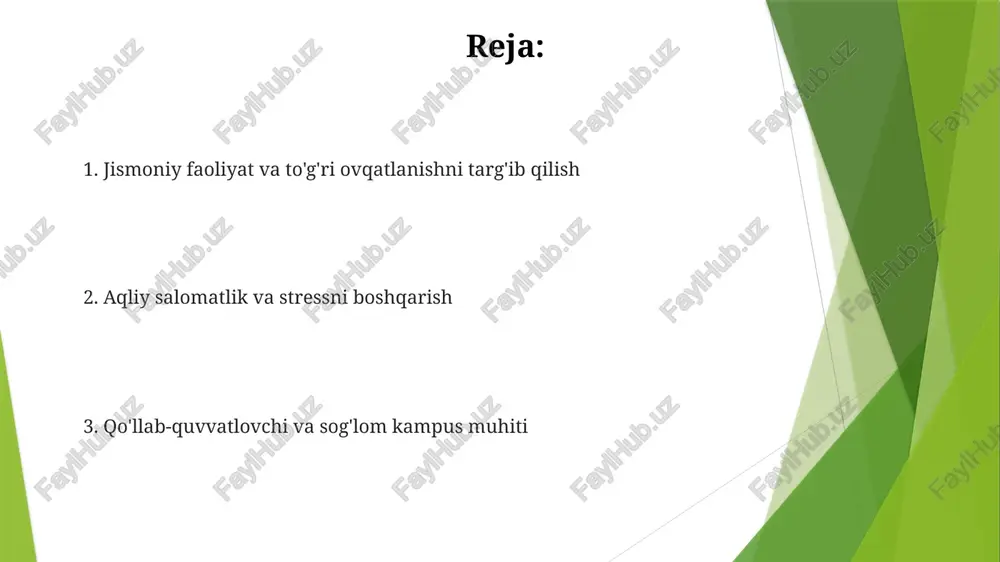 amalga oshirishni talab qiladi jamoatchilik bilan ishlash va resurslar jismoniy faoliyatni targ'ib qilish springfielddagi barcha 10 ta maktabda (1-12 sinflar) tuzilgan o'yinlar (masalan, qo'g'irchoq, basketbol) bilan 30 daqiqalik kundalik tanaffusni joriy etish, jamoaviy ish va yurak-qon tomir salomatligini rivojlantirish shaharning 4 ta dam olish markazida maktabdan keyingi sport dasturlarini (futbol, voleybol, yengil atletika) tashkil etish, kam ta'minlangan o'quvchilar uchun transport subsidiyalarini taqdim etish (taxminan 200 o'quvchi) to'g'ri ovqatlanish va sog'lom ovqat los anjeles birlashgan maktab okrugidagi 2 ta maktabda (150 o'quvchi) interaktiv pishirish darslari (masalan, haftasiga 5 ta sog'lom retsept tayyorlash) va tengdoshlar yordamidagi guruhlar samarali usullar bo'lib, shirin ichimliklar iste'molini 15% ga kamaytirdi va jismoniy faollikni 10% ga oshirdi. vaqtni boshqarish va tashkilotchilik sog'lom turmush tarzini shakllantirish uchun 7-9 soat uyqu (cdc tavsiyasi), muvozanatli ovqatlanish (o'rta yer dengizi diyeta, harvard jamoat salomatligi maktabi ko'rsatmalari) va muntazam jismoniy faoliyat (haftasiga kamida 150 minut, jsst tavsiyasi) zarur tashkilot texnikalari (masalan, google …