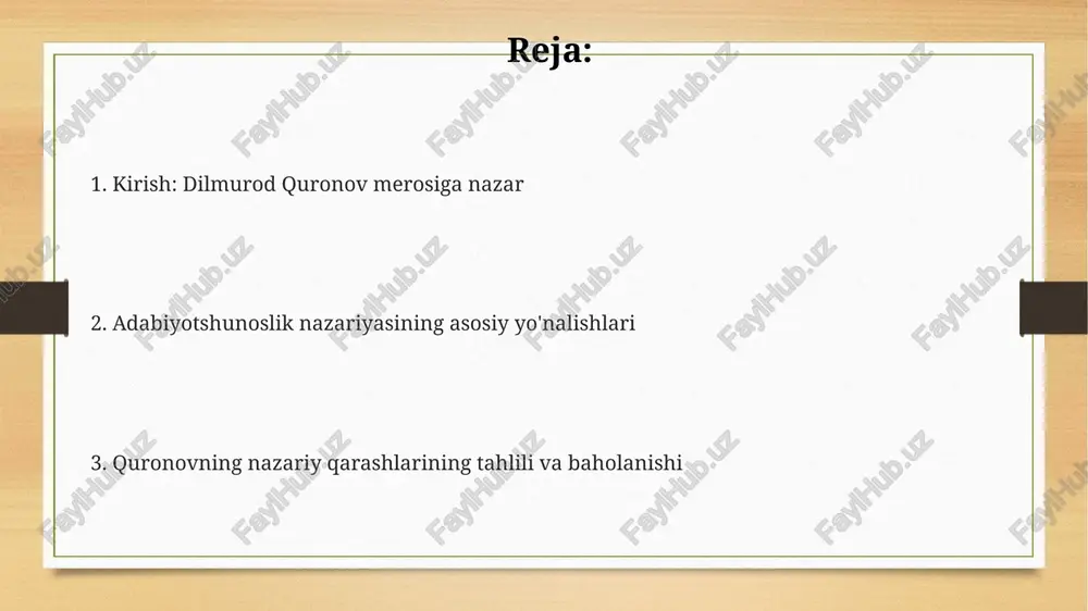nrlar nazariyasida 3 asosiy omilni ajratadi: mazmun, shakl va vazifa. uning ta'kidlashicha, janrlar 2 tamoyil asosida rivojlanadi: differensiatsiya va integratsiya. dilmurod quronov janrlarni 5 ta asosiy guruhga bo'ladi: epik, dramatik, lirik, didaktik va aralash. har bir guruh o'ziga xos 4 xususiyatga ega. quronov janrlarning o'zgaruvchanligini ta'kidlaydi va ularning 10-15 yildan so'ng yangi shakllar bilan boyitilishini aytadi. bu adabiy jarayonning dinamikligini ko'rsatadi. poetika va uslub uslubning o'ziga xosligini 5 asosiy omil bilan izohlaydi: muallif shaxsiyati, davr ruhi, janr xususiyatlari, til imkoniyatlari va adabiy an'analar. har bir omil asarga ta'sirini ko'rsatadi. quronov poetikani asarning badiiy tuzilishi va uslubini, 12 ta badiiy san'at turi orqali, chuqur tahlil qilish bilan bog'laydi, bu adabiy asar qanday yaratilganligini tushuntiradi. quronov asar uslubini 7 asosiy qismga ajratadi: nutq uslubi, tasvir uslubi, psixologik uslub, lirik uslub, yumoristik uslub, fojiali uslub va satirik uslub. bu turlarning har biri o'ziga xos xususiyatga ega. sharq adabiyoti nazariyasi sharq adabiyotida “taʼsir” (allegoriya) …