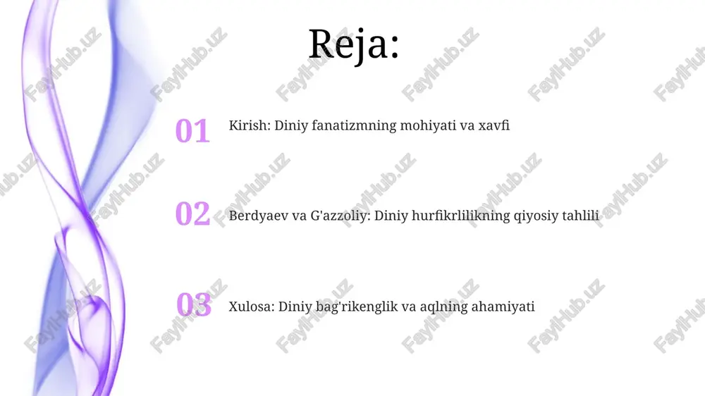 tik guruhlar tomonidan davlat tuzumini diniy qonunlar asosida o'zgartirish uchun ishlatiladi. diniy fanatizmning namoyon bo'lishi diniy fanatizmning namoyon bo'lishi: muqaddas matnlarni so'zma-so'z talqin qilish, ularning konteksti va tarixiy ahamiyatini inobatga olmaslik 19 asrdagi ekstremistik harakatlar uchun asos bo'lgan. diniy fanatizmning ko'rinishi: o'z diniy e'tiqodini boshqalarga majburlashga urinish, diniy ozchiliklarga nisbatan 20-asr boshlarida diskriminatsiya va zo'ravonlik harakatlarini keltirib chiqardi. diniy fanatizmning ko'rinishi: diniy rahbarlarga so'zsiz itoat etish, ularning har qanday ko'rsatmalarini, hatto 21-asrda zo'ravonlikka chaqiruvchi bo'lsa ham, so'zsiz bajarishga tayyor bo'lishdir. diniy fanatizmning oqibatlari (shaxsiy, ijtimoiy, siyosiy) ijtimoiy oqibatlar diniy guruhlar oʻrtasida zoʻravonlik, kamsitish va adovatni oʻz ichiga oladi, bu ijtimoiy birlikka putur yetkazadi va koʻp madaniyatli jamiyatlarda muammolar tugʻdiradi. shaxsiy darajada diniy fanatizm depressiya, tashvish va ijtimoiy izolyatsiyaga olib kelishi mumkin, bu shaxsning farovonligi va ruhiy salomatligiga salbiy ta'sir ko'rsatadi. siyosiy jihatdan diniy fanatizm avtoritar rejimlar, diniy asoslangan siyosat va demokratik tamoyillarga tahdid solishi mumkin, bu esa tinchlik va barqarorlikka …