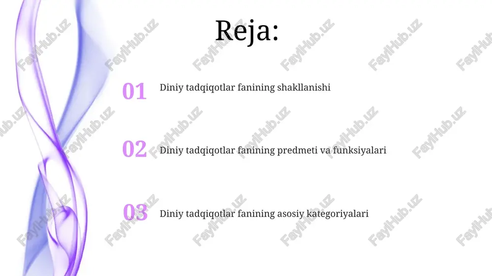 lari fenomenologik yondashuv diniy tajribalarni tushunishga qaratilgan, ularni sub’ektiv ravishda 20-asrda diniy omillarning muhimligini anglashga yordam beradi. diniy tadqiqotlar metodologiyasida tarixiy-tanqidiy usul qo‘llaniladi, bu diniy matnlarning 19-asrda paydo bo'lganligi va o'zgarishlarini aniqlashga yordam beradi. diniy tadqiqotlarning boshqa fanlar bilan aloqasi diniy tadqiqotlar falsafa bilan bog'liq, chunki u diniy e'tiqodlar va axloqiy tizimlarning asoslarini tahlil qiladi, metafizik savollarni o'rganadi, masalan, xudoning mavjudligi. diniy tadqiqotlar sotsiologiya bilan aloqador, chunki din jamiyat tuzilishi, ijtimoiy normalar, 1-darajali guruh dinamikasi va madaniy o'zgarishlarga ta'sir etadi. diniy tadqiqotlarning amaliy ahamiyati diniy tadqiqotlar tolerantlikni kuchaytiradi, turli e'tiqod vakillari o'rtasida 21-asrda tinchlikni mustahkamlashga ko'maklashadi, bu esa global barqarorlikka hissa qo'shadi. u 10 dan ortiq diniy guruhlar o'rtasidagi tushunmovchiliklarni kamaytiradi, ijtimoiy adolatni ilgari suradi va jamiyatda inson huquqlarini himoya qilishga yo'naltirilgan siyosatlarni ishlab chiqishda yordam beradi. e'tiboringiz uchun rahmat image4.jpg image5.jpg image6.png image7.jpg image8.jpg image9.jpg image10.jpg image1.jpeg image2.jpeg image3.jpeg