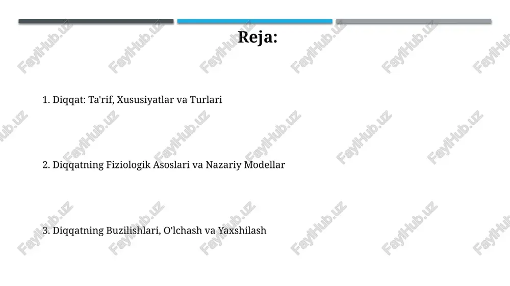 ar, ayniqsa, yurak-qon tomir mashqlari miyadagi qon oqimini 15% ga oshiradi, bu esa diqqatni jamlash qobiliyatini yaxshilaydi va kognitiv funktsiyani kuchaytiradi. diqqatning kognitiv jarayonlar bilan aloqasi (xotira, idrok, o'rganish, qaror qabul qilish) diqqat xotiraga ta'sir qiladi: 7 +/- 2 qismli ma'lumot hajmi diqqat resurslariga bog'liq, diqqat esa xotiraning kodlash va tiklash bosqichlarida muhim rol o'ynaydi. idrok diqqat bilan chambarchas bog'liq; tanlab idrok qilish hodisasi diqqatning idrokni filtrlash qobiliyatini ko'rsatadi, bu esa vizual qidiruv kabi vazifalarda muhim ahamiyatga ega. diqqat va his-tuyg'ular, yosh xususiyatlari his-tuyg'ular diqqatni kuchaytirishi yoki susaytirishi mumkin. masalan, xavotir diqqatni xavfga qaratadi, bu esa 1970-yillarda kognitiv nazariyalar orqali o'rganilgan diqqatning torayishiga olib keladi. yoshga bog'liq o'zgarishlar diqqatni ushlab turishda namoyon bo'ladi. bolalar, ayniqsa 5 yoshgacha bo'lganlar, kattalarga nisbatan 20 daqiqagacha diqqatni jamlay oladilar. e'tiboringiz uchun rahmat image1.jpg image2.jpg image3.jpg image4.jpg image5.jpg image6.jpg