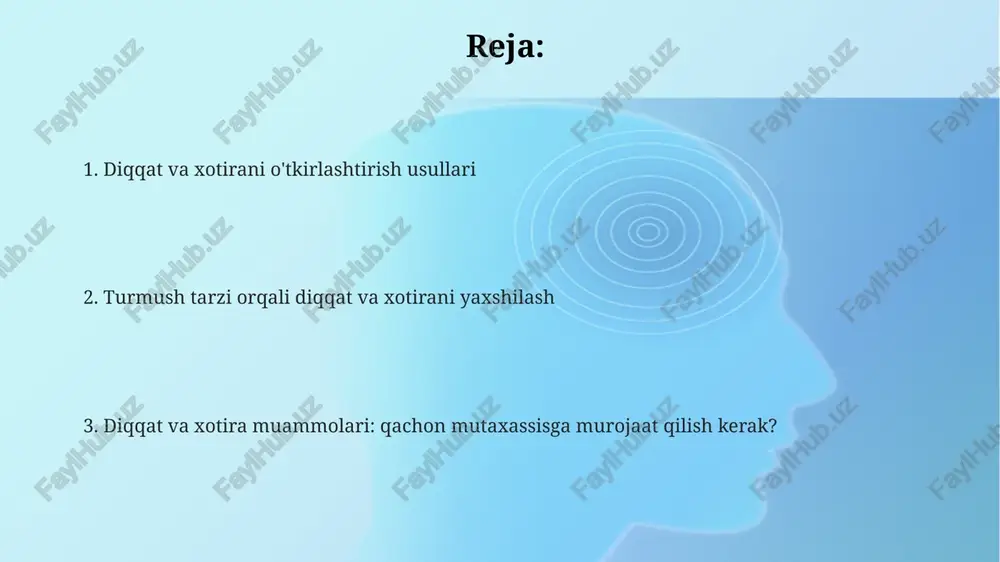 q uyqu qisqa muddatli xotirani mustahkamlashga yordam beradi, chunki uyqu vaqtida miya kunduzgi ma'lumotlarni qayta ishlaydi va saqlaydi. uyqu sifati yaxshi bo'lishi uchun uyqudan oldin kamida 1 soat oldin elektron qurilmalardan voz kechish, xonani qorong'i va salqin qilish tavsiya etiladi. kunduzgi qisqa dam olish, masalan 20-30 daqiqalik tanaffus diqqatni jamlash qobiliyatini oshiradi va stress gormoni kortizol darajasini kamaytirishga yordam beradi. mashqlar va qo'shimchalar omega-3 yog' kislotalari, ayniqsa epa va dha, miya salomatligi uchun muhim. tadqiqotlar shuni ko'rsatadiki, kuniga 1000-2000 mg qo'shimcha qabul qilish xotira va diqqatni yaxshilashga yordam beradi. aerobik mashqlari, masalan, yugurish, suzish, velosipedda yurish miyaga qon oqimini oshiradi, kognitiv funktsiyani yaxshilaydi. haftasiga kamida 150 daqiqa o'rta intensivlikdagi mashqlar maqsadga muvofiq. ginkgo biloba miyaga qon oqimini yaxshilaydi, xotira va diqqatni qo'llab-quvvatlaydi. kuniga 120-240 mg dozada, 6-12 hafta davomida qabul qilish natijalarini kuzatish mumkin. o'yinlar, boshqotirmalar va texnologiya brain-training ilovalari, masalan, lumosity, 20 dan ortiq o'yinni o'z ichiga oladi, kognitiv …
