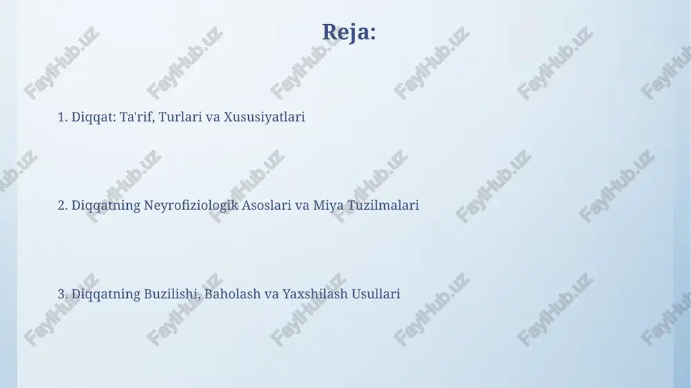 yaxshilash strategiyalari diqqatni yaxshilash uchun 25 daqiqalik pomodoro texnikasidan foydalaning, so'ngra 5 daqiqalik tanaffus qiling; bu fokusni saqlashga yordam beradi, shu bilan samaradorlikni oshiradi. muntazam jismoniy mashqlar, haftada 3-4 marta 30 daqiqadan, miya faoliyatini yaxshilaydi, diqqatni jamlash qobiliyatini kuchaytiradi va stress darajasini kamaytiradi. diqqat va xotira: o'zaro aloqadorlik diqqat xotirani shakllantirishda muhim rol o'ynaydi. axborotni 7 soniyadan ortiq diqqat bilan eslab qolish ehtimoli ortadi, bu esa uzoq muddatli xotiraga o'tishga yordam beradi. ishchi xotira, vaqtincha axborotni saqlash uchun, diqqat bilan chambarchas bog'liq. diqqatni boshqarish orqali miya 4-5 elementni ushlab turish va qayta ishlash imkoniyatiga ega. diqqat va o'rganish: samaradorlikni oshirish diqqatning 8 soniyadan qisqa muddatga qisqarishi o'rganish samaradorligini pasaytiradi, chunki uzoqroq diqqat muddati ma'lumotni chuqurroq qayta ishlashga yordam beradi. yuqori darajadagi diqqatning samaradorligi o'rganish jarayonida 70% gacha yaxshilanishga olib kelishi mumkin, ayniqsa murakkab vazifalarni bajarishda muhimdir. e'tiboringiz uchun rahmat image4.png image5.jpg image6.png image7.jpg image8.jpg image9.jpg image10.jpg image1.jpeg