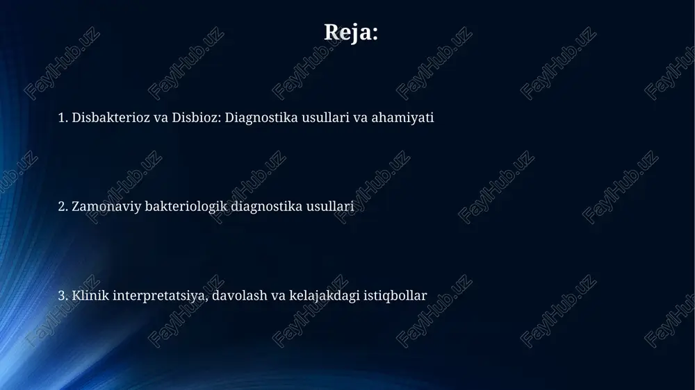 ordam beradi. maldi-tof mass-spektrometriyasi bakteriyalarni tez va arzon identifikatsiya qilish imkonini beradi, klinik namunadagi mikroorganizmlarni bir necha daqiqada aniqlab, davolashni tezlashtiradi. namunalar olish, tashish qoidalari va antibiotik rezistentlikni aniqlash namunalar fekal moddalardan olinganda, 2 soat ichida yetkazish muhim, anaerob bakteriyalar o'sishi uchun esa maxsus transport muhitlaridan foydalanish lozim. antibiotik rezistentlikni aniqlash uchun disk diffuziya usuli qo'llaniladi, bunda antibiotikli disklar joylashtiriladi va bakteriyalarning o'sish zonasi o'lchanadi. davolash strategiyalari, probiotiklar, prebiotiklar va monitoring davolash strategiyalari 3 bosqichdan iborat boʻlishi mumkin: patogen mikroorganizmlarni yoʻq qilish, ichak mikroflorasini tiklash uchun probiotiklar qabul qilish va prebiotiklar bilan oziqlantirish, simptomlarni bartaraf etish. probiotiklar tirik mikroorganizmlar boʻlib, ichak mikroflorasini muvozanatlashga yordam beradi. masalan, *lactobacillus* va *bifidobacterium* shtammlari turli kasalliklar uchun 10^6-10^9 cfu dozalarda qoʻllanilishi mumkin. standartlashtirish, sifat nazorati va kelajakdagi istiqbollar sifat nazoratida 16s rrna genini sekvenlash va qrt-pcr kabi usullar uchun standart operatsion protokollar (sop)ni ishlab chiqish diagnostika natijalarining aniqligi va takroriyligini ta’minlaydi. maldi-tof mass-spektrometriyasi orqali …