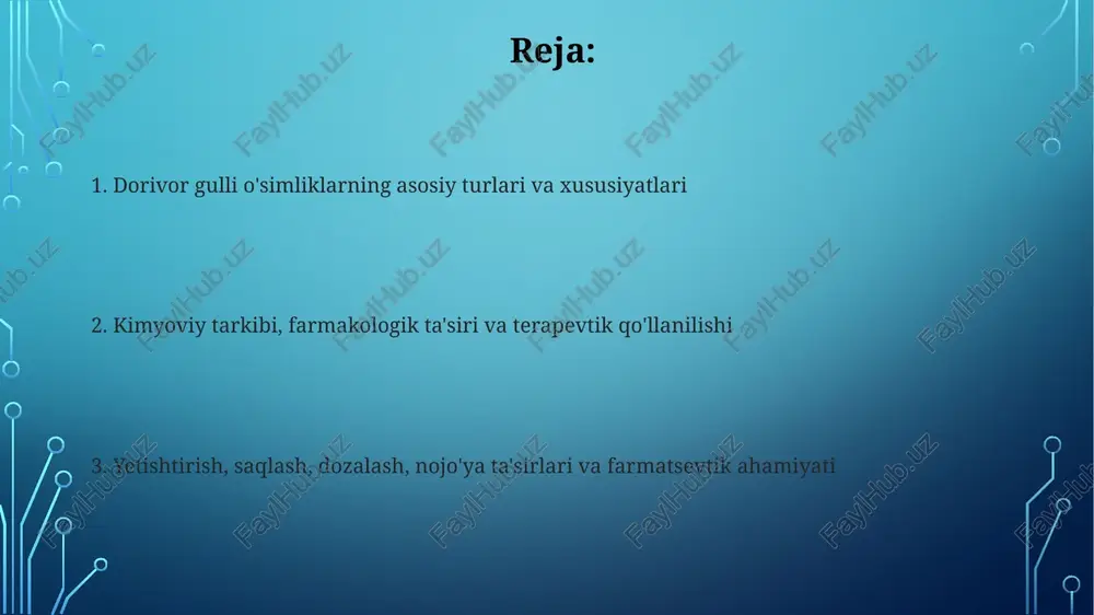 orivor gulli o'simliklar tuproqning ph darajasi 6,0 va 7,0 orasida bo'lishini talab qiladi, yaxshi qurigan tuproq va kuniga kamida 6 soat quyosh nuri optimal o'sish uchun zarur. o'simliklarning sog'lig'ini saqlash uchun sug'orish muhim, lekin ortiqcha sug'orishdan saqlaning, bu ildiz chirishiga olib kelishi mumkin; tuproq quruq bo'lganda 1-2 sm chuqurlikda sug'oring. dozalash va qo'llash usullari dozalash o'simlikning turi, bemorning ahvoli va preparat shakliga qarab o'zgaradi. masalan, moychechak choyi uchun 1-2 choy qoshiq quritilgan gulni 200 ml suvda damlash mumkin. ko'pgina o'simlik preparatlari choy, damlama, qaynatma, kapsula yoki malham shaklida qo'llaniladi. preparatni tanlash kasallik turi va o'simlikning kimyoviy tarkibiga bog'liq. nojo'ya ta'sirlari va qarshi ko'rsatmalar ba'zi guldor o'simliklar allergik reaksiyalarni keltirib chiqarishi mumkin, masalan, terida toshma, qichishish yoki nafas olish qiyinlashuvi, ayniqsa sezgir shaxslarda uchraydi. homiladorlik yoki emizish davrida ayrim dorivor guldor o'simliklar kontrendikedir, chunki ular homilaga yoki chaqaloqqa salbiy ta'sir ko'rsatishi mumkin, masalan, bachadon qisqarishiga sabab bo'lishi ehtimoli bor. farmatsevtika sanoatida …