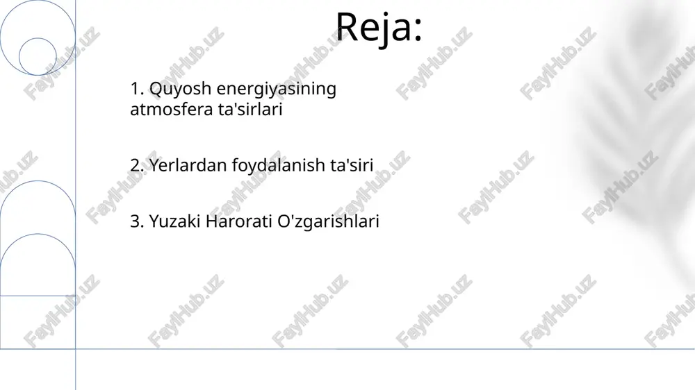 aerozollardan) yer yuzasining haroratiga bevosita ta'sir qilib, ekosistemalarga (masalan, amazon o'rmonlarida fotosintez tezligi), suv aylanishiga (masalan, o'rtayer dengizi hududida bug'lanish tezligi) va inson faoliyatiga (masalan, kaliforniyada quyosh energiyasi ishlab chiqarish) ta'sir qiladi. quyosh radiatsiyasining atmosfera tomonidan yutilishi atmosferani qizdiradi, ob-havo sharoitlari, global sirkulyatsiya (hedli hujayralari, reaktiv oqimlar)ni boshqaradi va mintaqaviy iqlimga (masalan, janubiy osiyodagi mussonlar) ta'sir qiladi. turli atmosfera gazlari o'ziga xos yutilish spektriga ega (masalan, co2ning infraqizil to'lqin uzunliklarida yutilishi). 5. havo ifloslanishi va quyosh energiyasi ishlab chiqarish quyosh energiyasi atmosfera ta'siriga yoqilg'i turlariga nisbatan minimal ta'sir ko'rsatadi; biroq, keng ko'lamli quyosh fermalari uchun yer maydonidan foydalanishning ortishi (masalan, kaliforniyaning mojave cho'li) mahalliy albedo va haroratga ta'sir qilishi mumkin (ba'zi tadqiqotlarda 0,1-0,5°c o'zgarishlar qayd etilgan). 6. yog'in miqdorining o'zgarishi global yog'ingarchilikning o'sish (1901-2010: +2%, ipcc ar6), gidrologik aylanishning kuchayishi natijasida; mintaqaviy farqlar: janubiy osiyoda musson yomg'irlarining ko'payishi (hindiston +5-10%), ba'zi o'rtayer dengizi hududlarida kamayishi (-20%), suv resurslari va qishloq …