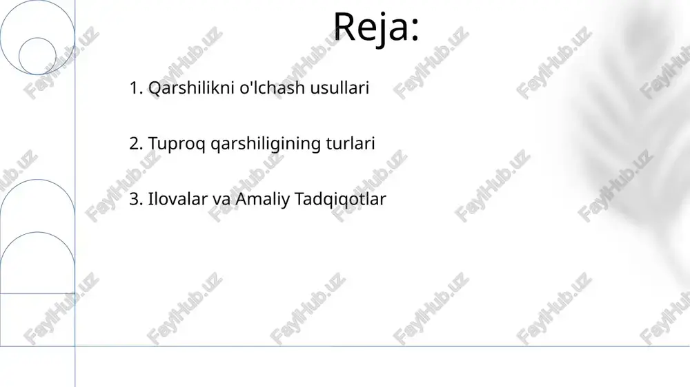 berger yoki dipol-dipol massivlar yordamida tahlil qilish orqali geologik qatlamlarni (loy, qum, tog' jinslari) turli chuqurliklarda (masalan, 0-5m, 5-15m) xaritaga tushirish. yer osti tuzilmalarini aniqlash uchun maxsus uskunalar (masalan, abem terrameter sas 1000) yordamida o'lchovlar olib, 2d yoki 3d qarshilik modellarini yaratiladi va shu orqali potentsial xususiyatlar (masalan, ko'milgan buyumlar, ifloslantiruvchi moddalar) aniqlanadi. 6. tuproq qarshiligining turlari siqilish (m²/mn): odometr va konsolidatsiya sinovlari yuk ostida tuproq cho'kishiga baho beradi. kam siqilish yuqori zichlashuvga qarshilikni bildiradi. organik modda (%) va donalar o'lchamining taqsimoti siqilishga sezilarli ta'sir qiladi. yuqori organik moddaga ega joylarda cho'kish ko'proq bo'ladi. tuproqning sirpanishga qarshiligini to'g'ridan-to'g'ri, uch o'qli va pervaneli sinash usullari o'lchaydi. omillar: gil miqdori, zichlik (g/sm³), namlik (%) va joylashuv (masalan, qirg'oq qumlari va ichki gil). yuqori qiymatlar yuqori qarshilikni bildiradi. 7. tuproq qarshiligi haqida kirish yerning mahalliy qarshiligi (masalan, kaliforniyaning markaziy vodiysi yoki niderlandiya) o'ziga xos tadqiqotlarni talab qiladi. kesish kuchining (masalan, bo'sh qumda 50 …