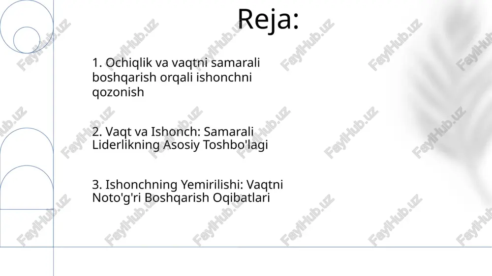 lik elementi, xodimlar jalb qilinish darajasiga (qoniqish so'rovlari natijalarida 70-80% oshish) va samaradorligiga (asosiy ko'rsatkichlarda 10-15% yaxshilanish) 50-1000 nafar xodimli kompaniyalarning turli bo'limlarida (i&t, it, moliya) bevosita ta'sir ko'rsatadi. 5. vaqtni boshqarish – rahbarlik vositasi vaqtni samarali boshqarish (masalan, eisenhower matritsasi yordamida vazifalarni ustuvorlashtirish, vaqtning 50%ini eng muhim 20% faoliyatga ajratish) barcha sohalarda (korporativ, notijorat, davlat) rahbarlik samaradorligiga bevosita ta'sir qiladi va unumdorlikni 25-50% ga oshiradi 6. shaffoflik va hisobot: ishonchning asosi ishonch, liderlikning asosiy tamoyili, so'rovnomalar (jahon bo'yicha jamoatchilik ishonchini o'lchaydigan edelman trust barometer) orqali o'lchanadi va iqtisodiy samaradorlikka ta'sir qiladi (jahon bankining ma'lumotlariga ko'ra, yuqori ishonch yuqori yaim bilan bog'liq) shaffoflik hisobot berishni ta'minlaydi (oecd printsiplari, 2010), 193 a'zo davlatlarga ta'sir ko'rsatib, samarali global boshqaruvda tekshiriladigan ma'lumotlar va ochiq kirishni talab qiladi (bmtning bmtning 16-bmt maqsadi). o'z vaqtida oshkoralik ishonchni mustahkamlaydi; kechikishlar esa uni buzadi. 7. doimiy harakatlar orqali ishonchni qozonish ishonchni qurish, samarali liderlikning asosiy tamoyili, uzoq …