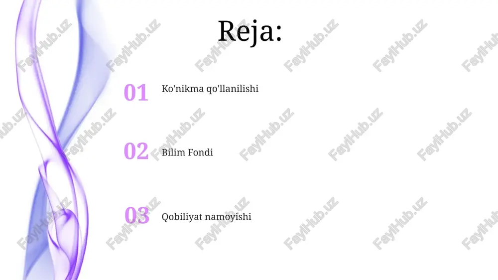 t-test, anova) yordamida taqqoslanib, bilim sohalari (mahsulot bilimi, bozor tendentsiyalari), ko'nikmalar (ma'lumotlarni tahlil qilish, dasturiy ta'minotdan foydalanish) va qobiliyatlar (tanqidiy fikrlash, moslashuvchanlik) bo'yicha farqlar aniqlandi bilim: asos o'zbekistondagi xizmat ko'rsatish sohasidagi kelajakdagi tendentsiyalar qobiliyatlar: ijro xizmat tarkibi quyidagi sohalarni o'z ichiga oladi: tarmoqqa muvofiqlik (sarbanes-oxley qonuni), moliyaviy hisob prinsiplari (gaap), xalqaro savdo qonunlari, iso 9001 standartlari. ko'nikmalar: python va java dasturlash, tarmoq administratsiyasi (cisco ccna sertifikati), ma'lumotlar bazasi boshqaruvi (sql server), autocad dasturida ishlash e'tiboringiz uchun rahmat @taqdimot_robot image4.jpg image5.jpg image6.jpg image7.jpg image8.jpg image9.jpg image10.jpg image11.jpg image12.jpg image1.jpeg image2.jpeg image3.jpeg