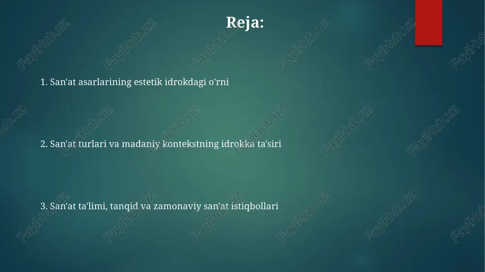 a g'arbning bezaklarga bo'lgan qiziqishi farqlarini tushuntiradi. estetik baholar madaniy ahamiyatga bog'liq: aborigenlarning rasmida, masalan, ranglar va shakllarning ma'nosi ularning madaniyatida 7000 yillik tarix bilan izohlanadi. san'at turlarining xilma-xilligi va idrok xususiyatlari musiqa, raqs kabi ijrochilik san'ati vaqtinchalik tabiatga ega bo'lib, eshitish va kinestetik idrok orqali hissiy va jismoniy javoblarni uyg'otadi; ritm, ohang kabi elementlar muhim rol o'ynaydi. tasviriy san'at (masalan, haykaltaroshlik, rassomlik) vizual idrokni faollashtiradi, ranglar, kompozitsiya orqali hissiy va kognitiv javoblarni shakllantiradi, 2d va 3d formatlardagi tajribalarni taqdim etadi. adabiyot (she'riyat, romanlar) til vositasida tasavvurni rag'batlantiradi, emotsional empatiyani kuchaytiradi, turli nuqtai nazarlarni ochib beradi va tushunchalarni 19-asr va 20-asr tahlili orqali rivojlantiradi. san'at tanqidining estetik idrokni shakllantirishdagi ahamiyati san'at tanqidi turli xil 6) interpretatsiyalarni taqdim etadi va shaxsiy qarashlarimizni rivojlantirishga yordam beradi, shu bilan estetik idrokni kengaytiradi. san'at tanqidi tomoshabinning asarning 1) tarixiy ahamiyati va 2) badiiy uslubini tushunishiga yordam berib, estetik idrokni chuqurlashtiradi. tanqidiy tahlil asarning 3) …