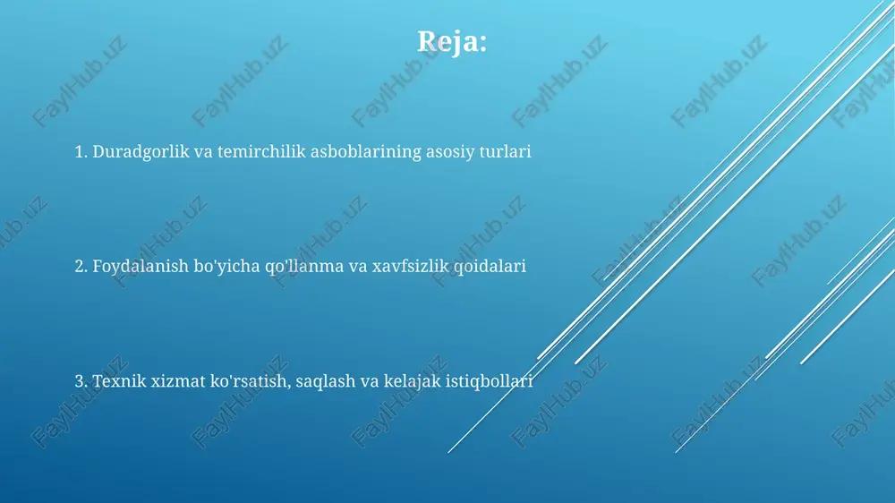shlatishdan oldin, simlarni shikastlanmaganligini va topraklama (yerga ulash) tizimi to'g'ri ishlashini tekshiring; kamida har 6 oyda bir marta uskunani to'liq tekshirishdan o'tkazing. materiallar va zamonaviy texnologiyalar zamonaviy asboblar ishlab chiqarishda yuqori uglerodli po'latlar, masalan, 1095 po'lati, issiqlik bilan ishlov berish orqali qattiqlik oshiriladi va uzoq muddatli xizmat ko'rsatish ta'minlanadi. titan qotishmalari kabi ilg'or materiallar vaznni kamaytirish, korroziyaga chidamlilikni oshirish uchun qo'llanilmoqda, bu ayniqsa, yuqori yuk ostida ishlaydigan asboblar uchun muhimdir. 3d bosma texnologiyalari maxsus ehtiyojlar uchun ergonomik tutqichlar va asbob qismlarini tezda yaratish imkonini beradi, shu bilan birga moslashuvchanlikni ta'minlaydi. tarixiy rivojlanish va qo'llash sohalari dastlabki duradgorlik asboblari, jumladan, oddiy arra va o'ymakorlik moslamalari miloddan avvalgi 3000-yillarda misrda ishlatilgan va mebellar, uy-joylar va kemalar qurilishida muhim ahamiyatga ega bo'lgan. 18-asrda temirchilik asboblari, masalan, katta bolg'alar va turli xildagi o'choqlar metallni shakllantirishda muhim rol o'ynagan, qishloq xo'jaligi va transport vositalari uchun zarur qismlarni ishlab chiqarishda qo'llanilgan. qulfsozlik asboblari ilk sivilizatsiyalarda, masalan, …