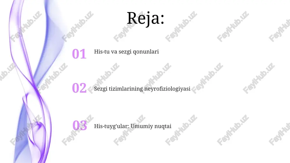 qchalar, toʻr pardasi, koʻrish nervi, ensa boʻlagi); eshitish (tovus toʻlqinlari, ichki quloq, bazilyar membrana, eshitish nervi, qosh boʻlagi); sezuv (tegish, bosim, harorat, ogʻriq, mexanoreseptorlar, termoreseptorlar, nosiseptorlar, tepa boʻlagi) termotersepsiya: haroratni sezish termoreseptorlar (erkin nerv uchlari) teri, mushaklar, ichki a'zolarda harorat o'zgarishlarini aniqlaydi; aδ va c tolalari signallarni orqa miya, so'ngra talamusga (miya) uzatadi; spinothalamik trakt muhim yo'l hisoblanadi. sovuq (20°c dan kam) va issiq (30°c dan yuqori) retseptorlarning chegaralari farq qiladi. ogʻriq retseptorlari (notseptorlar) ekstremal haroratlarga (>45°c, <15°c) ham sezgir; trp (vaqtinchalik retseptor potensiali) ion kanallari (trpv1, trpm8) issiqlik va sovuqni oʻtkazishda vositachilik qiladi; retseptorlarning joylashuvi intensivlikni idrok etishni belgilaydi (masalan, barmoq uchi va orqa). hid bilish: hidi sezish burun bo'shlig'idagi hid sezgichlari (taxminan 400 turi) hidli moddalarni aniqlaydi; g-oqsil bilan bog'langan retseptorlar orqali signal uzatiladi, adenilatsiklaza faollashadi va depolyarizatsiyaga olib keladi hidiy sezgi turlari: xushbo'y (gulli, mevali), chirkin (chirigan tuxum), yalpiz/kamfora, o'tkir (masalan, ammiak), efirli (masalan, dietil efir), mushkli …