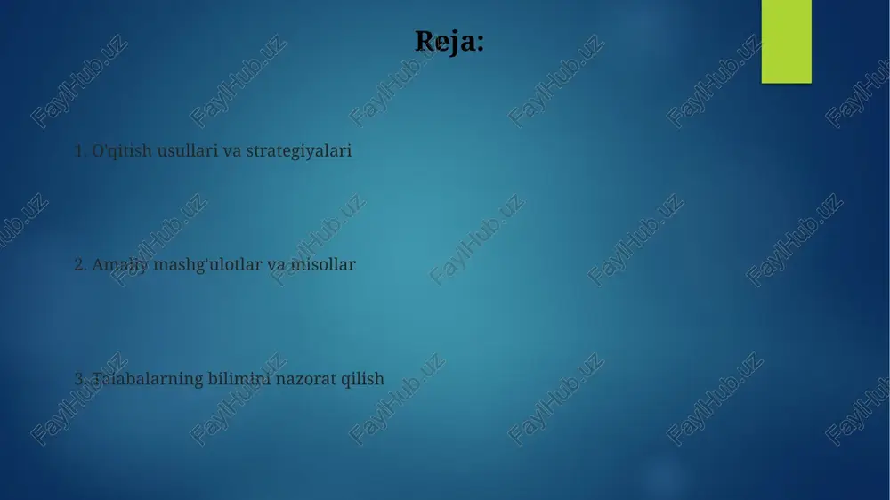 ha video darslar, interaktiv mashqlar va viktorinalar mavjud, bu talabalarning o'rganishini qo'llab-quvvatlaydi. baholash usullari va mezonlari baholashda oraliq nazoratlar (30%) va yakuniy imtihon (70%) kabi usullardan foydalanish, har bir topshiriq uchun aniq ballar tizimini belgilash muhim. talabalarning bilimini baholashda nazariy savollarga javoblar, amaliy masalalarni yechish va loyihalarni taqdim etish mezonlaridan foydalanish lozim. baholash mezonlari aniq, adolatli va talabalarga tushunarli bo'lishi kerak, masalan, har bir topshiriq uchun 5 balldan maksimal 100 ballgacha. amaliy mashg'ulotlar va interfaol usullar interfaol usullardan biri - bu guruhlarda 5-6 kishidan iborat bo'lib, har bir guruhga 3 ta statistik vazifa beriladi, ularni tahlil qilib, javoblarini taqdimot qilish kerak. amaliy mashg'ulotlarda monte-karlo simulyatsiyasidan foydalanib, tasodifiy o'zgaruvchilarning xususiyatlarini o'rganish va statistik xulosalar chiqarishning 1000 ta namunaviy yechimini yaratish mumkin. amaliy mashg'ulotda talabalarga 2 xil ma'lumot to'plami (masalan, 100 ta kuzatuv) beriladi va ular dispersiya tahlili yordamida gipotezalarni tekshirishni amalga oshirishadi. mustaqil ta'lim va loyiha asosidagi o'qitish talabalar mustaqil ravishda …