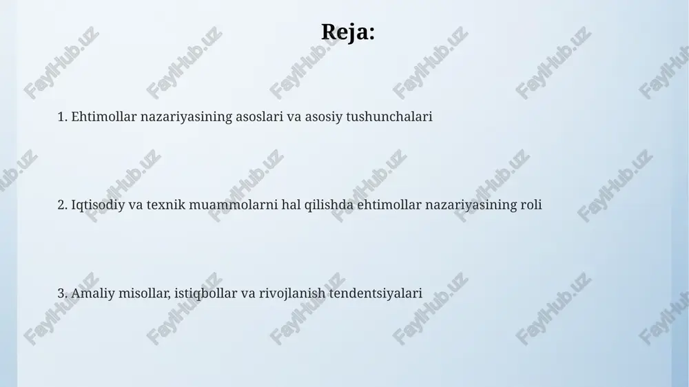 alaydi, uning formulasi diskret holatda σ(x * p(x)) va uzluksiz holatda ∫x*f(x)dx hisoblanadi. dispersiya tasodifiy o'zgaruvchining matematik kutilmadan qanchalik uzoqlashganini ko'rsatadi, formulasi e[(x - e[x])^2] bo'lib, riskni baholashda muhim ahamiyatga ega. limit teoremalari va statistik xulosalar markaziy limit teoremasi katta hajmdagi mustaqil tasodifiy o'zgaruvchilar yig'indisi normal taqsimotga yaqinlashishini ta'minlaydi, bu esa statistik xulosalar uchun asoslash hisoblanadi. katta sonlar qonuni empirik o'rtacha ko'rsatkichning haqiqiy o'rtacha qiymatga yaqinlashishini ko'rsatadi, bu esa parametr baholarining mustahkamligini ta'minlashda muhim rol o'ynaydi. statistik xulosalar, jumladan, ishonchli intervallar va gipotezani tekshirish, limit teoremalariga asoslanib, noma'lum populyatsiya parametrlarini baholashda va qarorlar qabul qilishda qo'llaniladi. ekonometrika, moliyaviy modellashtirish va risk tahlili moliyaviy modellashtirish aktivlar narxining o'zgaruvchanligini o'lchash uchun ehtimollik taqsimotlaridan, masalan, normal taqsimotdan foydalanadi, bu esa portfel xavfini baholashga yordam beradi. ekonometrika 0 dan 1 gacha bo'lgan qiymatlarni bashorat qilish uchun logistik regressiya kabi ehtimollik usullaridan foydalanadi, bu esa qaror qabul qilish uchun asos bo'ladi. xavf tahlili ehtimollikni qo'llaydi, …