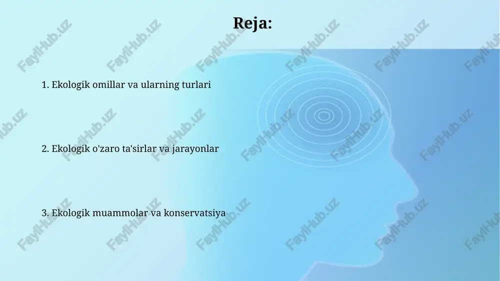 a zanjirlari organizmlar o'rtasida ozuqa moddalari va energiya o'tishini ko'rsatadi, har bir bosqich trofik daraja deb ataladi, masalan, o't-o'lan 1-darajali iste'molchi, uni yegan hayvon 2-darajali iste'molchi. ozuqa to'rlari ozuqa zanjirlaridan murakkabroq bo'lib, turli xil organizmlar o'rtasidagi bir nechta ozuqa aloqalarini aks ettiradi, bunda bitta organizm bir nechta ozuqa zanjirida ishtirok etishi mumkin. ekologik muvozanat, buzilishlar va o'zgarishlar ekologik muvozanat, ekotizimdagi turlar soni va ularning nisbati barqaror bo'lganda yuzaga keladi; buzilishlar, masalan, yong'inlar 70% o'simliklarning yo'q bo'lishiga olib kelishi mumkin. o'zgarishlar ekotizimning tuzilishida bosqichma-bosqich bo'lishi mumkin; masalan, iqlim o'zgarishi tufayli 25 yil ichida o'rmon dashtga aylanishi sabab bo'ladi. global ekologik muammolar va konservatsiya iqlim o'zgarishi, o'rmonlarning yo'q qilinishi va ifloslanish kabi global muammolar 21-asrda bioxilma-xillikning yo'qolishiga olib keladi va millionlab turlarni yo'qolib ketish xavfi ostida qoldiradi. konservatsiya strategiyalari, jumladan qo'riqlanadigan hududlarni yaratish, barqaror amaliyotlarni joriy etish va 30x30 tashabbusi kabi 30% ni himoya qilish, muhim ahamiyatga ega. e'tiboringiz uchun rahmat image2.png …