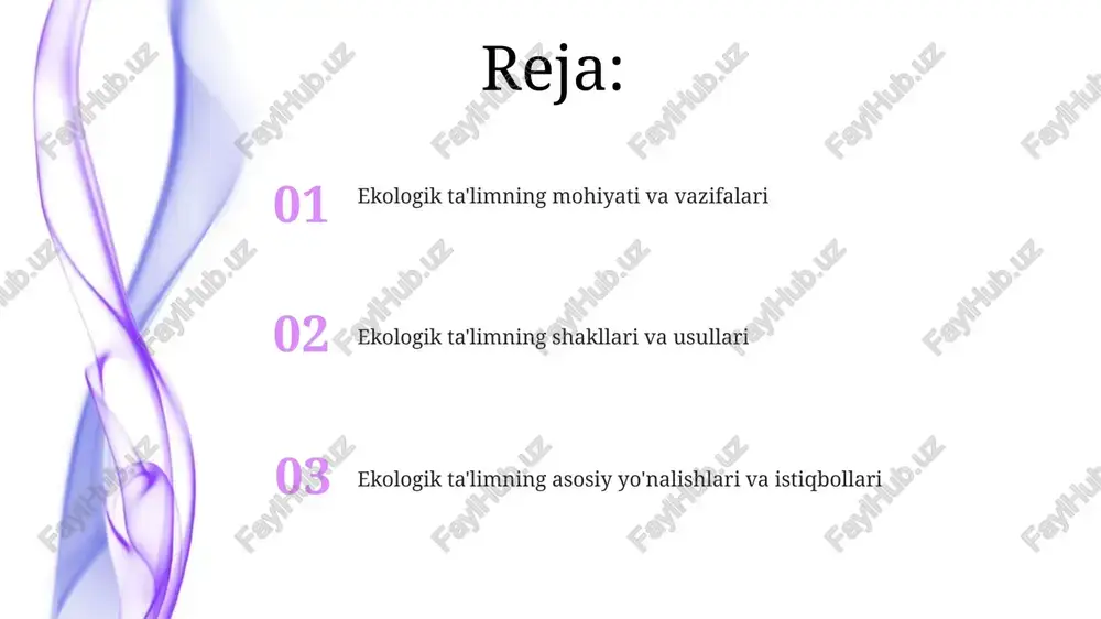 i, amaliy ko'nikmalarni shakllantiradi. ekologik ong, madaniyat va xulq-atvorni shakllantirish ekologik ongni shakllantirishda 10-15 yoshdagi bolalarda tabiatga nisbatan hissiy munosabatni uyg'otish, ekotizimlar haqida tushuncha berish muhim, bu ularning kelajakdagi xulq-atvoriga ta'sir qiladi. ekologik madaniyatni rivojlantirish uchun 5r tamoyilini (rad etish, qayta ishlatish, qayta tiklash, qayta loyihalash, qaytarish) kundalik hayotga tatbiq etish orqali chiqindilarni kamaytirishga e'tibor qaratish kerak. ekologik xulq-atvorni shakllantirishda ijobiy namuna ko'rsatish, masalan, energiya tejash, suvni isrof qilmaslik, jamoat joylarida tozalikni saqlash orqali shaxsiy mas'uliyatni oshirish muhim. ekologik muammolar va barqaror rivojlanish barqaror rivojlanish 17 ta bmt barqaror rivojlanish maqsadlariga (sdgs) asoslangan bo'lib, ular ekologik barqarorlik, ijtimoiy adolat va iqtisodiy o'sishni muvozanatlashtirishga qaratilgan global harakatlardir. ekologik muammolar, masalan, ifloslanish va resurslarning kamayishi, barqaror rivojlanishga to'sqinlik qiladi, bu kelajak avlodlar ehtiyojlarini qondirish qobiliyatini xavf ostiga qo'ymasdan hozirgi ehtiyojlarni qondirishdir. iqlim o'zgarishi, bioxilma-xillikning yo'qolishi va chiqindilarning ko'payishi kabi ekologik muammolarni hal qilish uchun innovatsion texnologiyalar, siyosat va xulq-atvorni o'zgartirish orqali barqaror …