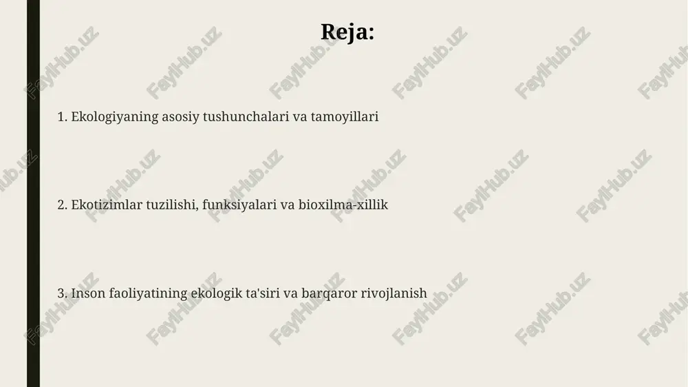 enetik xilma-xillik tur ichida kasalliklarga chidamlilikni oshiradi, bu esa 7000 dan ortiq o'simlik turlari qishloq xo'jaligida muhim ahamiyatga ega ekanligini ko'rsatadi. populyatsiya va jamiyat ekologiyasi populyatsiya ekologiyasi turlar sonining o'zgarishini o'rganadi, masalan eksponensial o'sish va logistik o'sish kabi, bunda muhit sig'imi 1000 ta organizmni tashkil qilishi mumkin. jamiyat ekologiyasi tur ichidagi o'zaro ta'sirlarni tahlil qiladi, shu jumladan raqobat, yirtqichlik va simbioz, bu 5 ta asosiy interspecies aloqalariga olib keladi. turlarning xilma-xilligi barqaror jamiyatning muhim ko'rsatkichidir, bu jamiyatni tashkil etuvchi 200 dan ortiq o'simlik turlari kabi sonlar bilan o'lchanishi mumkin. moddalar aylanishi va energiya oqimi energiya oqimi ekotizim orqali bir yo'nalishda harakatlanadi: quyosh energiyasidan boshlab, prodyuserlar (100%), iste'molchilar (10%), keyin esa parchalovchilarga o'tadi, har bosqichda issiqlik shaklida energiya yo'qoladi. modda aylanishi ekotizimlarda elementlarning siklik harakatini anglatadi, masalan, uglerod aylanishida co2 atmosferadan o'simliklar orqali hayvonlarga o'tadi va qayta atmosferaga qaytadi. azot aylanishi atmosferadan tuproqqa bakteriyalar orqali o'tadi, o'simliklar uni o'zlashtiradi, hayvonlar oziqlanadi …