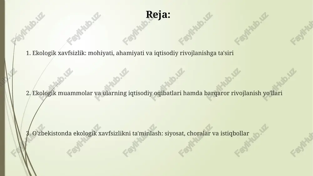 ir qiladi. iqlim o'zgarishi qishloq xo'jaligiga katta zarar yetkazadi, hosildorlikning pasayishiga, suv resurslarining kamayishiga va oziq-ovqat xavfsizligining buzilishiga olib keladi, bu esa narxlar oshishiga sabab bo'ladi. barqaror rivojlanish tamoyillari barqaror rivojlanishning iqtisodiy tamoyili – 7 foizlik iqtisodiy o'sishga erishish, resurslardan oqilona foydalanish va ekologik toza texnologiyalarni joriy etish orqali farovonlikni oshirishdir. ijtimoiy barqarorlik tamoyili har bir fuqaroning 12 yillik majburiy ta'lim olishi, sog'lom turmush tarzini qo'llab-quvvatlash va ijtimoiy tenglikni ta'minlash orqali hayot sifatini yaxshilashni maqsad qiladi. ekologik barqarorlik tamoyili bioxilma-xillikni saqlash, chiqindilarni 50 foizga kamaytirish va qayta tiklanadigan energiya manbalaridan 30 foiz foydalanish orqali ekotizimlarning uzoq muddatli sog'lig'ini kafolatlaydi. ekologik siyosat va qonunchilik asoslari «tabiatni muhofaza qilish to'g'risida»gi qonun (2002-yil) ekologik siyosatning asosiy normativ-huquqiy hujjati bo'lib, atrof-muhitni muhofaza qilish, tabiiy resurslardan oqilona foydalanish va ekologik xavfsizlikni ta'minlash tamoyillarini belgilaydi. o'zbekistonda ekologik siyosat 1992-yilgi konstitutsiya bilan mustahkamlangan bo'lib, har bir fuqaroning qulay atrof-muhitga bo'lgan huquqini kafolatlaydi va davlatning ekologik xavfsizlikni ta'minlash …