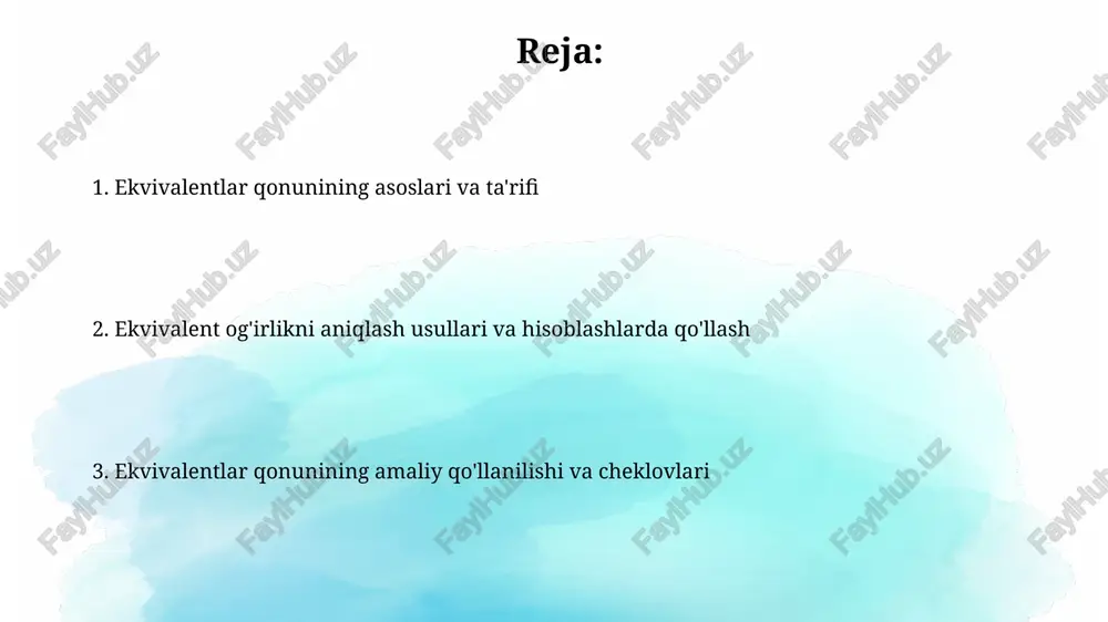 valentlik har bir mol modda uchun berilgan yoki olingan elektronlar soniga bog'liq bo'lib, bu raqam oksidlanish darajasining o'zgarishini aks ettiradi. kislota-asos reaksiyalarida ekvivalentlik 1 mol kislota uchun ajratilgan yoki 1 mol asos tomonidan biriktirilgan h+ ionlarining soniga asoslanadi, ya'ni neytrallashuv qobiliyati. cheklovlar, istisnolar va amaliy misollar ekvivalentlar qonuni faqat to'liq reaksiyalar uchun amal qiladi; agar reaksiya 100% tugamasa, hisoblar noto'g'ri bo'ladi. masalan, past hosil beradigan reaksiyalarda. valentlikning o'zgarishi tufayli, ba'zi moddalarning ekvivalent massasi bir nechta bo'lishi mumkin. misol uchun, temir (fe) +2 va +3 valentlikka ega bo'lishi mumkin. hisoblash misollari va laboratoriya mashqlari hisoblash misolida 2 gramm metall 0,5 molyar kislota eritmasining 100 ml bilan reaksiyaga kirishsa, metallning ekvivalent massasini topish amaliyoti mavjud. laboratoriya mashqlarida 25 ml noma'lum konsentratsiyali hcl eritmasini 0,1 n naoh eritmasi bilan titrlashda ekvivalent nuqtani aniqlash o'rganiladi. e'tiboringiz uchun rahmat image2.png image3.jpg image4.jpg image5.jpg image6.jpg image7.jpg image8.jpg image9.jpg image1.png