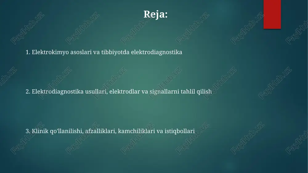 si potentsial tebranishlarni kamaytiradi, bu esa signallarni aniq o'lchash imkonini beradi. sensorlar bio-o'zaro ta'sirlashuvdan signalni konvertatsiya qiladi. masalan, glyukoza sensorlari glyukozani aniqlash uchun fermentlardan foydalanadi va natijada 2-tur signallar elektrokimmoviy o'zgarishlarni o'lchaydi. signalni qayta ishlash va tahlil qilish signalni qayta ishlash odatda shovqinni kamaytirish uchun filtratsiya usullarini (masalan, past o'tkazuvchanlikli yoki yuqori o'tkazuvchanlikli filtrlarni) o'z ichiga oladi, bu esa diagnostika aniqligini oshirishga yordam beradi. furie transformatsiyasi kabi matematik algoritmlar elektrokimyoviy signallarni chastota domeniga aylantirishda ishlatiladi, bu esa muhim chastota tarkibiy qismlarini, masalan, eegda aniqlashni osonlashtiradi. elektrodiagnostika signallarini tahlil qilishda mashinani o'rganish algoritmlari, masalan, sun'iy neyron tarmoqlari anormalliklarni aniqlash va kasalliklarni tashxislash uchun avtomatlashtirilgan tizimlarni yaratishda qo'llaniladi. klinik qo'llanilishi va baholash eeg miya to'lqinlarini o'lchaydi va epilepsiya, uyqu buzilishi va miya shikastlanishini tashxislashda yordam beradi; 19-25 ta elektrod skalpga joylashtiriladi, natijalar vizual tekshiriladi. ekg yurakning elektr faolligini baholashda keng qo'llaniladi; 12 ta elektrod yurak urish tezligi, ritmi va miokard ishemiyasi kabi …
