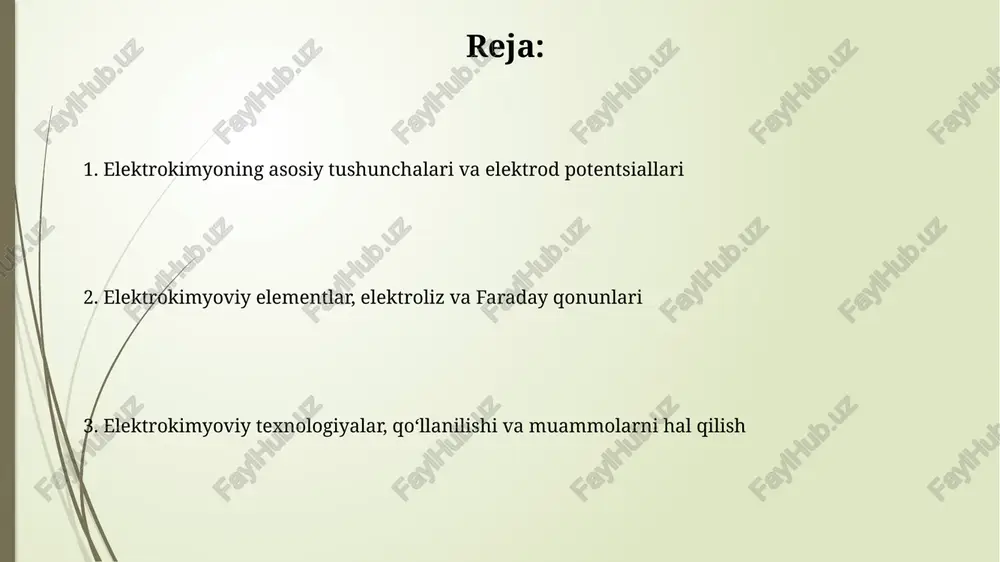 ning elektrolitlar bilan reaktsiyasi boʻlib, 0 darajadan yuqori haroratda tezlashadi va oksidlanish jarayonini hosil qiladi. korroziyadan himoya qilishning samarali usuli – bu metallarni himoya qatlam bilan qoplash, masalan, ruxlash yoki boʻyash orqali 100% himoyani taʼminlash mumkin. yoqilg'i elementlari: kelajak energiyasi yoqilg'i elementlari 80% gacha samaradorlikka erishishi mumkin, bu ichki yonuv dvigatellarining 30-40% samaradorligidan ancha yuqori. bu yuqori samaradorlik yoqilg'ini tejash va chiqindilarni kamaytirish imkonini beradi. yoqilg'i elementlarining asosiy afzalligi - bu faqat suv va issiqlik chiqarishidir, bu esa an'anaviy yonuv jarayonlaridan farqli o'laroq, karbonat angidridi (co2) kabi zararli gazlarni chiqarmaydi. shuning uchun ular ekologik toza energiya manbai hisoblanadi. elektrokimyoviy sensorlar va ularning qo'llanilishi elektrokimyoviy sensorlar 10^-6 dan 10^-12 m gacha boʻlgan juda past konsentratsiyalarni aniqlashga qodir, bu ularni atrof-muhit monitoringi va tibbiy diagnostika uchun ideal qiladi. ph elektrodlari elektrokimyoviy sensorlarning keng tarqalgan turi boʻlib, eritmada vodorod ionlarining konsentratsiyasini oʻlchaydi, bu suv sifatini baholashda juda muhim. elektrokimyoviy texnologiyalar: sanoatda qo'llanilishi elektrokimyoviy …