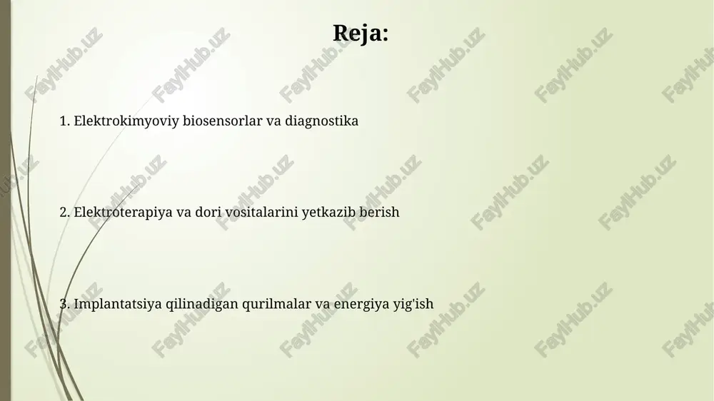 tsadan nazorat qilinadigan tezlikda 10-100 mikrometrlik hududga chiqaradi. metall implantlarning korroziyasi metall implantlarning korroziyasi ionlarning chiqishiga olib kelishi mumkin, bu atrofidagi to'qimalarda yallig'lanish reaktsiyalarini keltirib chiqaradi va implantning 10-20 yil ichida muddatidan oldin ishdan chiqishiga olib keladi. galvanik korroziya turli xil metallardan (masalan, zanglamaydigan po'lat va kobalt xrom) yasalgan implantlar bir-biri bilan aloqa qilganda yuzaga keladi, bu 0,5-1,5 v potensial farq tufayli korroziyani tezlashtiradi. energiya yig'ish va implantatsiya qilinadigan qurilmalar implantatsiya qilinadigan qurilmalar uchun energiya yig'ish tanadan 100 mikrovattdan ortiq quvvat olishi mumkin, termoelektrik generatorlar tana haroratini o'zgartirish orqali elektr energiyasini hosil qiladi. pyezoelektrik materiallar implantatsiya qilinadigan qurilmalarda 20 dan 50 gerts diapazonida mexanik harakatlarni elektr energiyasiga aylantiradi va shu orqali batareyalarni quvvatlantirish uchun barqaror energiya manbai ta'minlanadi. elektrokimyoviy diagnostika elektrokimyoviy diagnostika erta bosqichdagi saratonni aniqlash uchun ishlatiladi, 10^-15 m sezgirlik bilan saraton biomarkerlarini o'lchash orqali, bu an'anaviy usullardan sezilarli darajada yuqori aniqlikdir. elektrokimyoviy diagnostika qonda glyukoza darajasini aniqlash uchun …
