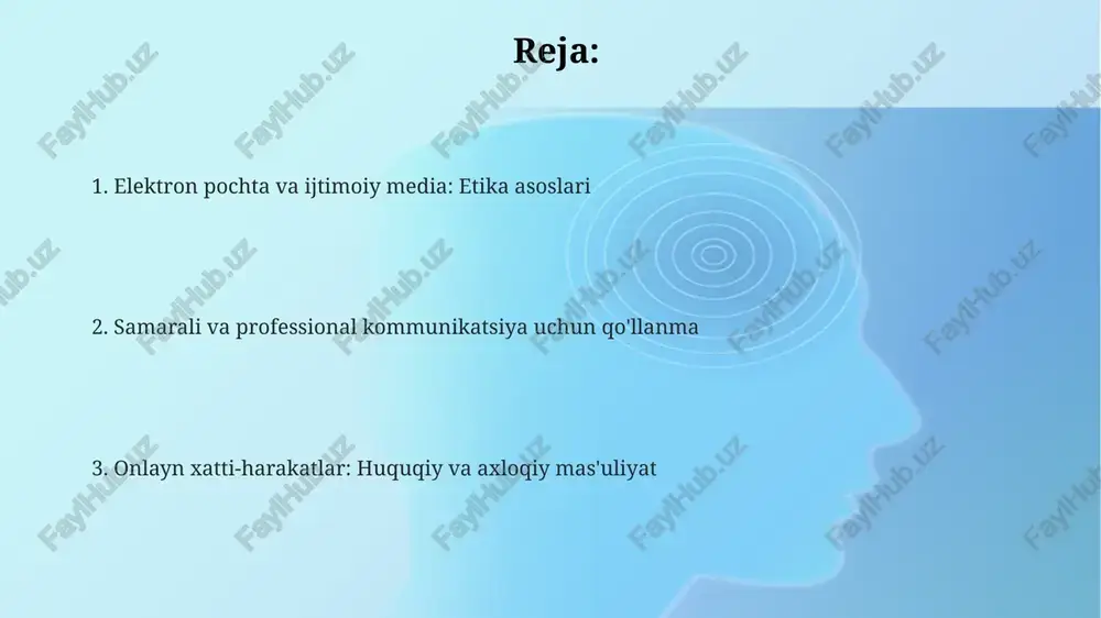xavfsiz qiladi va parolni o'g'irlash xavfini kamaytiradi. onlayn xavfsizlik uchun shaxsiy ma'lumotlarni (telefon raqami, uy manzili) ijtimoiy tarmoqlarda baham ko'rmang, chunki bu kiberjinoyatchilar uchun oson maqsad bo'lishingiz mumkin. vpn (virtual private network) xizmatlaridan foydalaning, bu sizning internet trafigingizni shifrlaydi va ip manzilingizni yashiradi, shaxsiy ma'lumotlaringizni 75% ko'proq himoya qiladi. digital muloqotda ohang va uslub ijtimoiy media xabarlarida esa 70% professional va 30% norasmiy ohang bo'lishi mumkin, lekin har doim hurmatli va adekvat bo'lish kerak. raqamli muloqotda ohang va uslub juda muhim. masalan, professional elektron pochta xabari 12-o'lchamli shriftda, rasmiy ohangda va aniq tilda yozilishi kerak. norasmiy muloqotda (do'stlar bilan) 80% norasmiy ohang va 20% hurmat saqlanadi, lekin 100% shaxsiy ma'lumotlar himoyalanishi kerak. internet bullingi va mas'uliyat ijtimoiy media platformalari bulling holatlari haqida xabar berish mexanizmlariga ega bo'lib, ularning 75% dan ortig'i noto'g'ri xatti-harakatlar uchun foydalanuvchilar hisoblarini to'xtatishi mumkin. internetda bulling qilish - bu qurbonga jiddiy psixologik ta'sir ko'rsatishi mumkin bo'lgan …