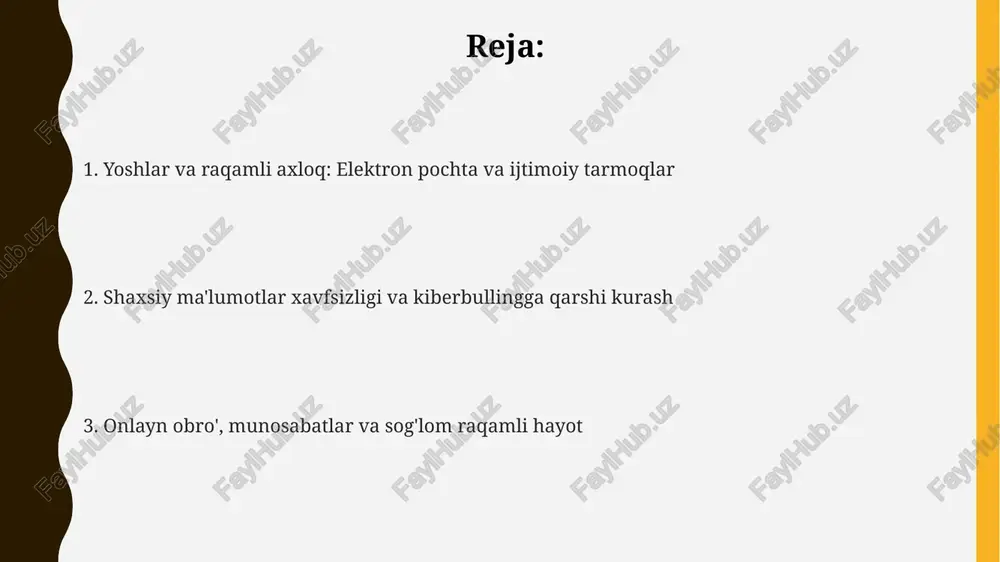 t berish mexanizmlaridan foydalaning, jabrlanuvchilarga yordam berish uchun 116-111 kabi ishonch telefonlariga murojaat qiling. kontent almashish qoidalari va mualliflik huquqi ruxsatsiz kontent almashish mualliflik huquqini buzadi; dmca kabi qonunlar buzilish uchun jarima belgilaydi, 150,000 aqsh dollarigacha jarima, hatto jinoiy javobgarlikka tortilishi mumkin. cc litsenziyasi kabi mualliflik huquqi litsenziyalari kontentni almashish uchun aniq shartlarni belgilaydi, muallifga nisbatan tegishli kredit berish talabi ham mavjud. adolatli foydalanish doktrinasi ma'lum maqsadlar, masalan, tanqid yoki ta'lim uchun mualliflik huquqi bilan himoyalangan materialdan foydalanishga ruxsat beradi, bunda 17 usc § 107 kabi qonunlar qo'llaniladi. onlayn obro' va izni boshqarish shaxsiy hisoblaringizni 2 faktorli autentifikatsiya bilan himoya qiling. onlayn izingizni nazorat qilish uchun shaxsiy ma’lumotlaringizni 18 yoshga to‘lgunga qadar ijtimoiy media sozlamalarini maxfiylashtiring. onlayn obro‘ – bu sizning 7-10 yildan keyingi potentsial ish beruvchilar va kollejlar ko‘radigan digital axborotingiz majmui. google’da o‘zingizni qidirib ko‘ring va kerak bo‘lmasa, salbiy natijalarni yo‘q qiling. ehtiyotkorlik bilan kontent ulashing: 90% holatlarda …
