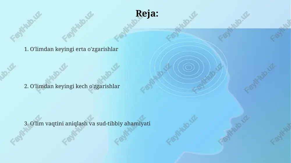 soat ichida boshlanadi, atp darajasining pasayishi aktin va miozin filamentlarining qaytarilmas bog'lanishiga olib keladi. autoliz, odatda o'limdan keyin bir necha soatdan boshlab sodir bo'ladi, hujayra fermentlari hujayralar ichidagi to'qimalarni parchalaydi, bu jarayonda 37°c optimal harorat hisoblanadi. rigor mortisning tezligi haroratga bog'liq; yuqori haroratda u tezroq boshlanadi va 24 soat ichida tugaydi, past haroratda esa sekinroq boshlanib, 36 soatgacha davom etishi mumkin. chirish, mumiyalanish va adipotsir mumiyalanish, namlik past bo'lgan issiq, quruq muhitda taxminan 3-12 oy ichida sodir bo'ladi, bu esa to'qimalarning suvsizlanishiga va terining qattiq, qoraqo'tirga aylanishiga olib keladi. chirishda, ichki organlar odatda 24-72 soat ichida fermentativ faollik va bakteriyalar ko'payishi tufayli yashil rangga aylanadi, bu esa qorin bo'shlig'ida shish paydo bo'lishiga olib keladi. adipotsir - bu taxminan 1-12 oy ichida nam, kislorodsiz muhitda yuzaga keladigan yog' to'qimasining mumsimon, sovunga o'xshash moddaga gidrolizlanishi bo'lib, jasadning saqlanishiga yordam beradi. skeletlanish, tafonomiya va o'lim vaqtini aniqlash o'lim vaqtini aniqlashda tana harorati, rigor …